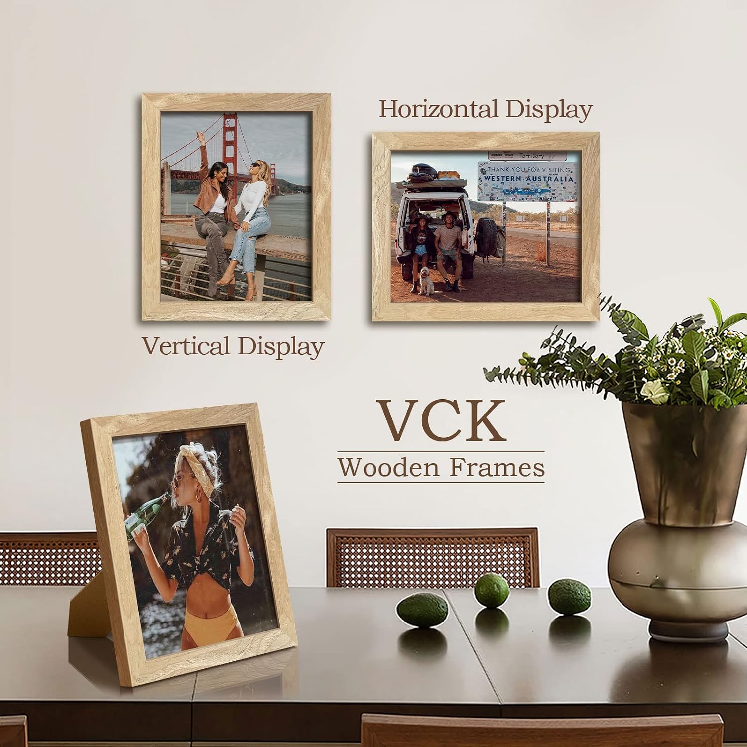 VCK 8x10 Picture Frame Set of 3, Natural Solid Wood, Wall/Tabletop Display | Wide Border, Light Woodgrain, Shatterproof