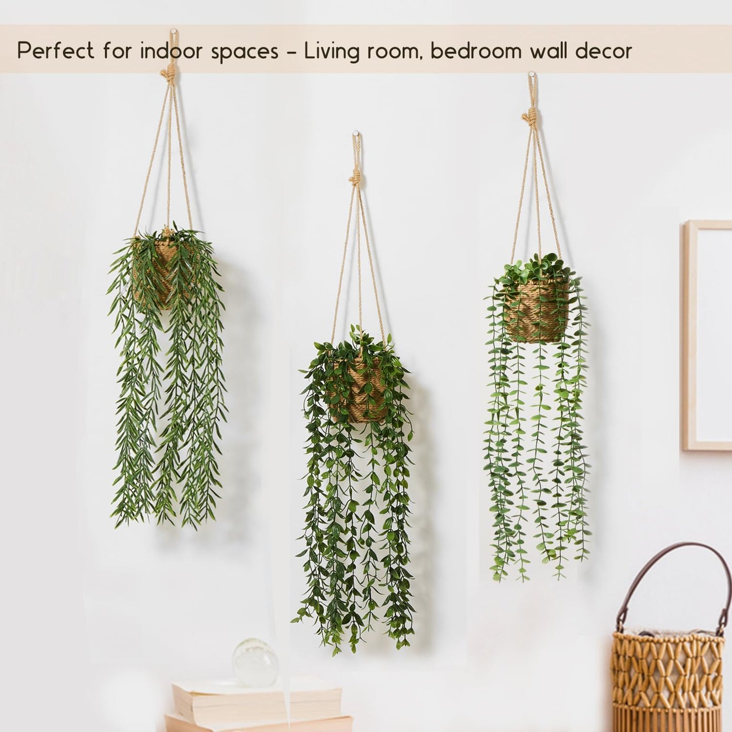 Artificial Hanging Plants in Boho Handwoven Baskets / 3-green / Set of 3