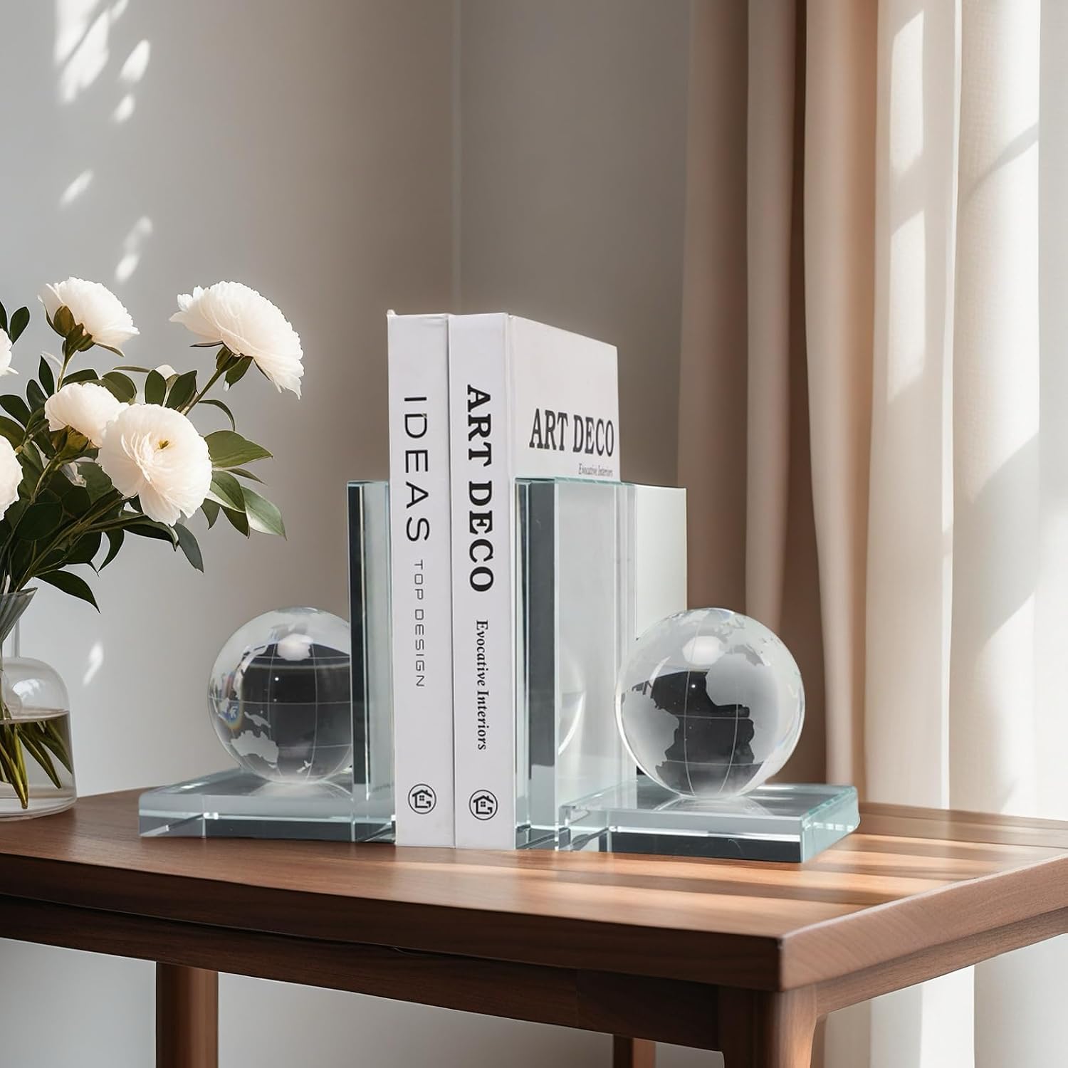 Home Decorative Earth Crystal Bookends for Heavy Book Elegant Glass Bookshelf Room Office Desk Decor