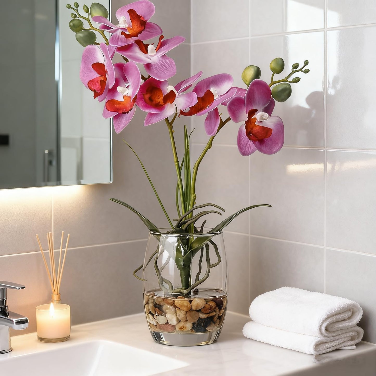 Artificial Purple Orchid in Glass Vase / Glass-purple