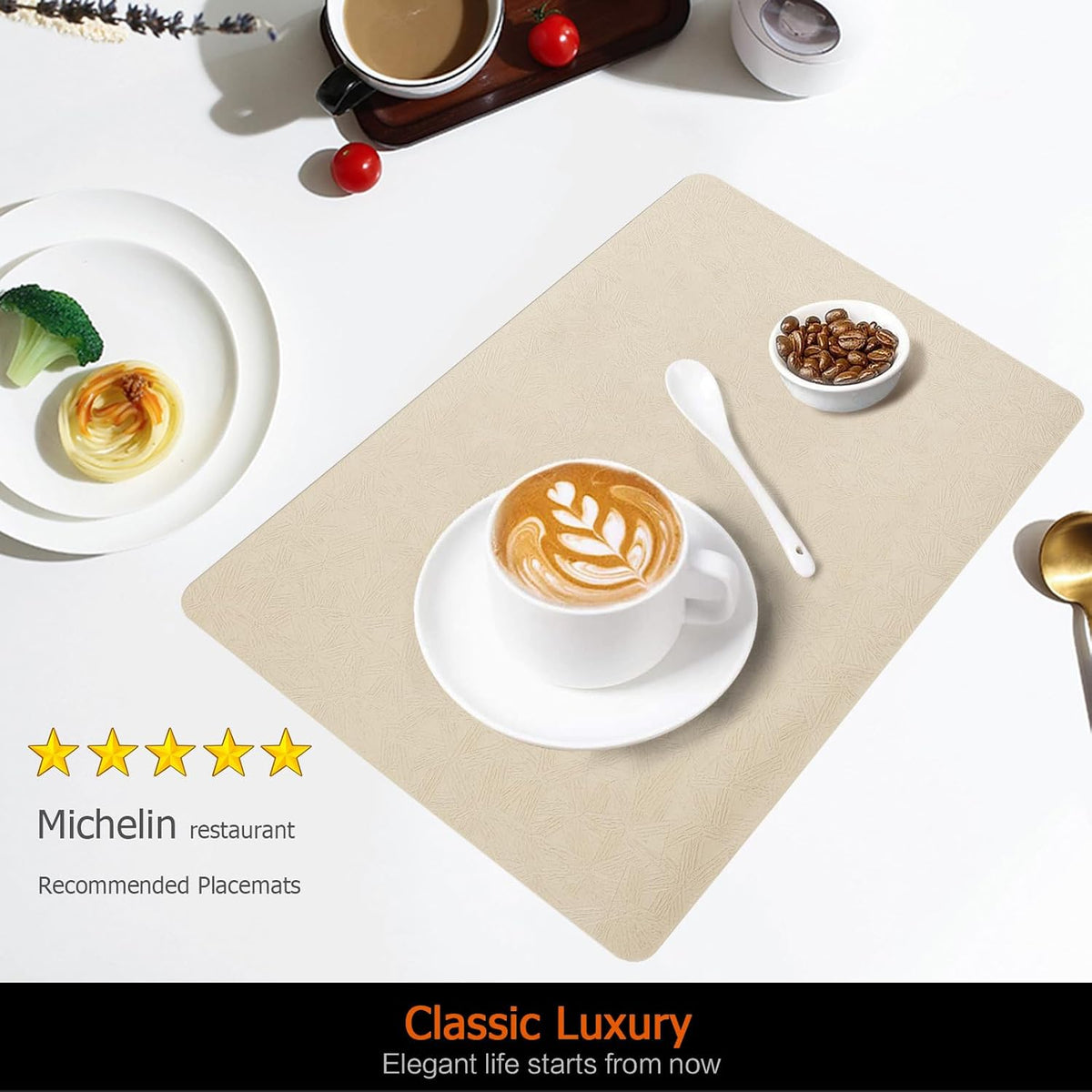 Beige Plastic Placemats Set of 12, Faux Leather Waterproof Table Mats | Beige Vinyl place mats,Wipeable and heat