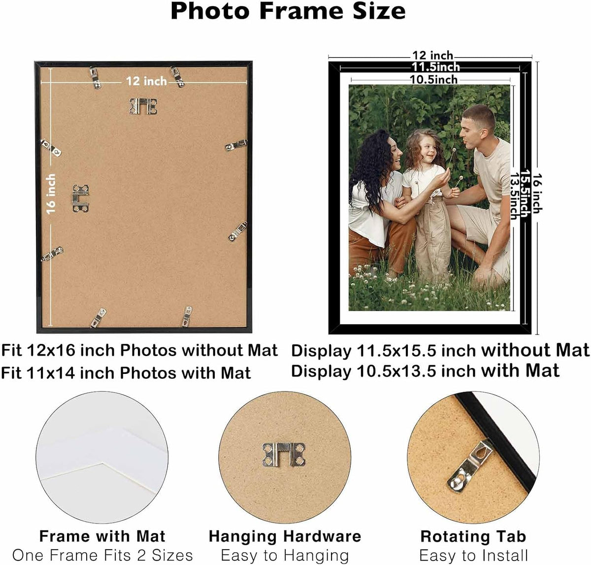 JCJMY 12 Pack 12x16 Picture Frame with 11x14 Mat, Display 11x14 with Mat or 12x16 Without Mat, 12 by 16 Frames Bulk Set