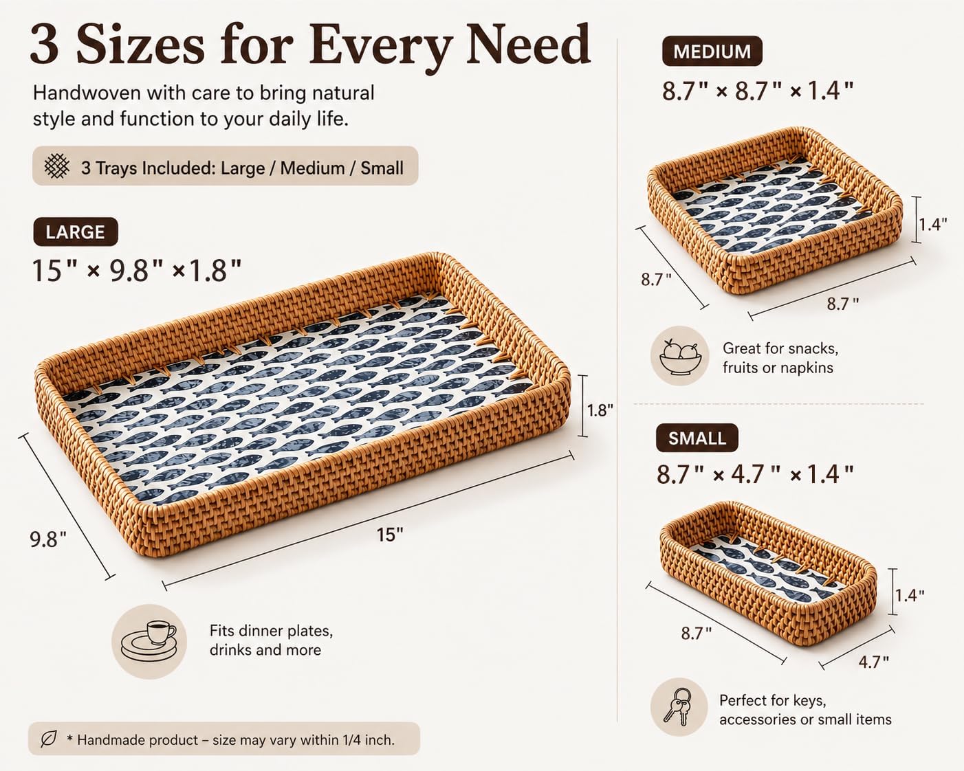 Woven Rattan Tray / Natural / Set of 3