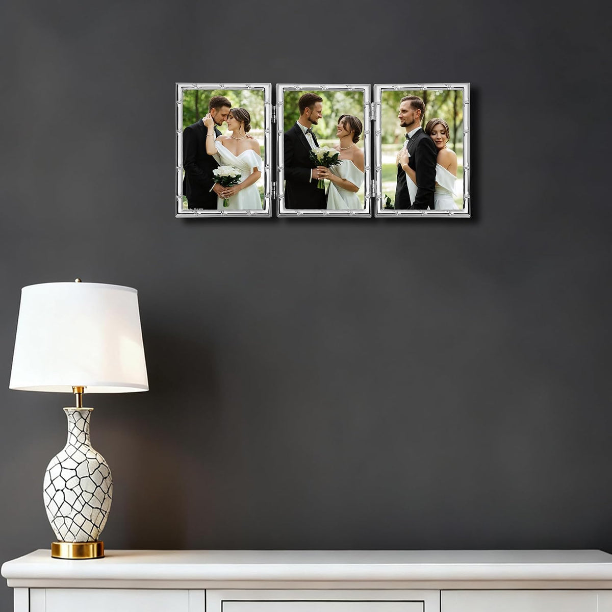 YiPinYin Elegant Silver Plated 4x6'' Hinged Triple Metal Picture Frame,Bamboo Detail Designs,with Real Glass & Soft