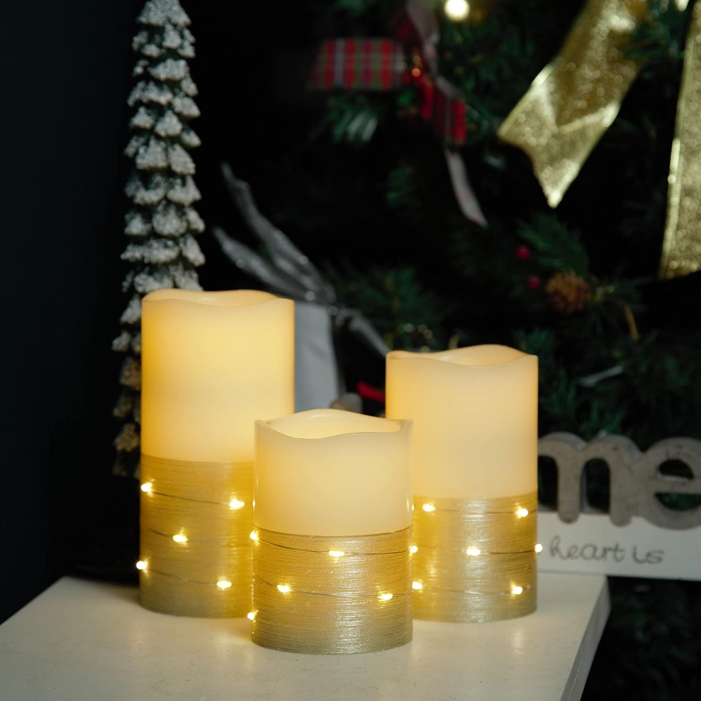 H-BLOSSOM Flickering Flameless Candles Ivory Real Wax Pillar with Embedded String Lights LED Candles Battery Operated
