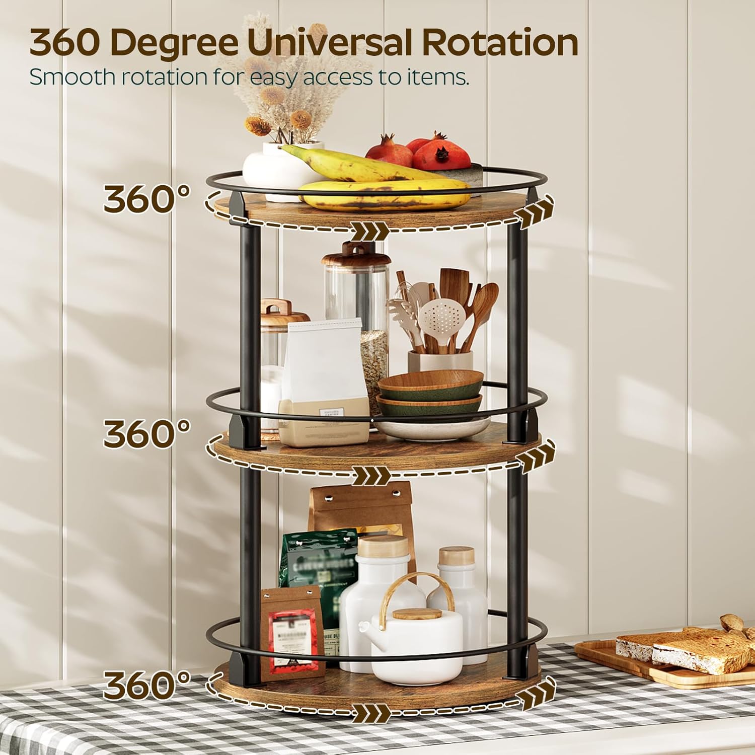 3-Tier Lazy Susan Organizer, Rotating Spice Rack, Spinning Organizer, Industrial Turntable Spice Rack Organizer for