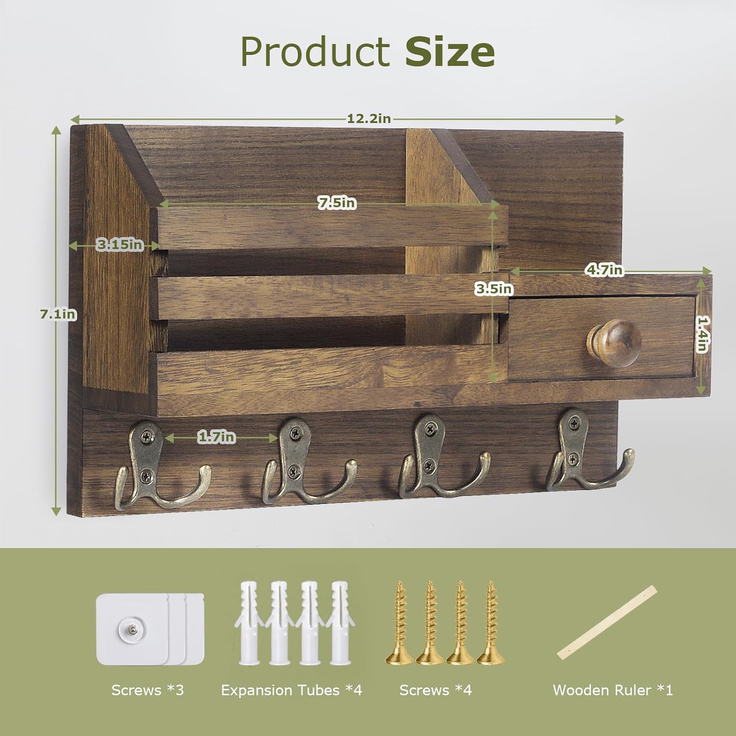 Wooden Adhesive Mail and Key Organizer / Brown