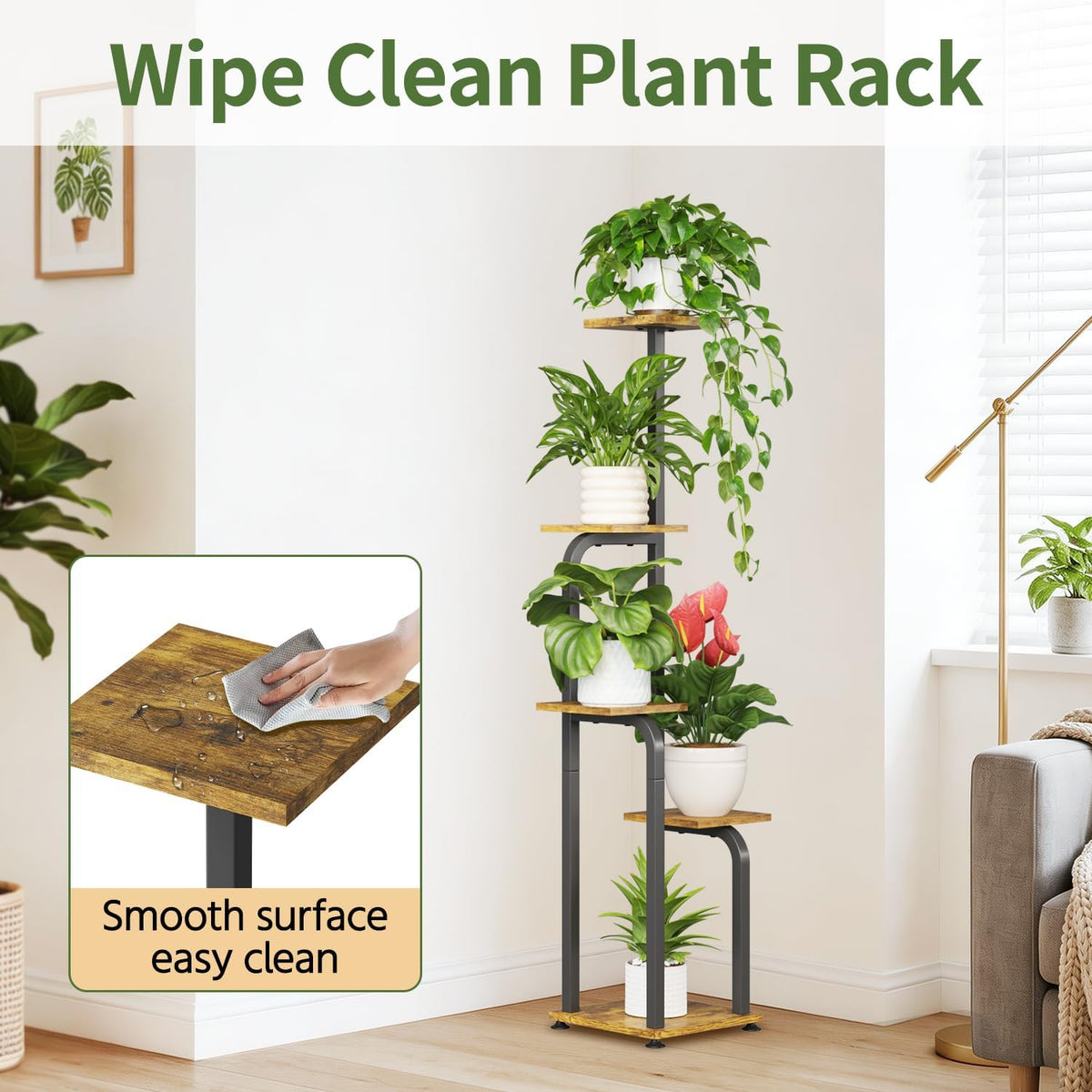 LASZOLA Plant Stand Shelf Tall for Indoor Corner Flower Rack, 5 Tier Brown | Modern Multiple Display with Wooden Tray