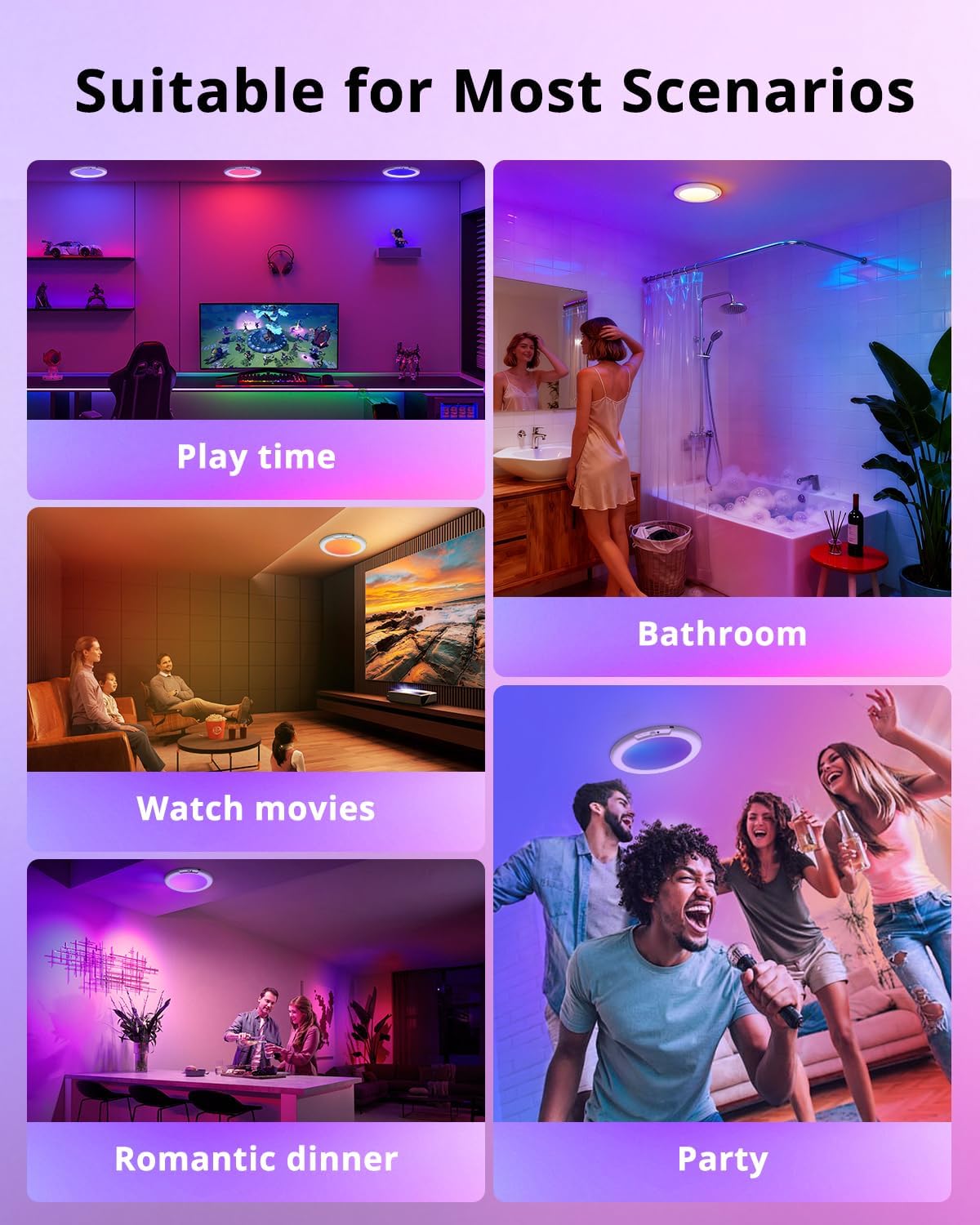 wowatt RGB Rechargeable Shower Lights for Inside Shower Waterproof IP44 | 12 RGB Colors&White Battery Ceiling Lights