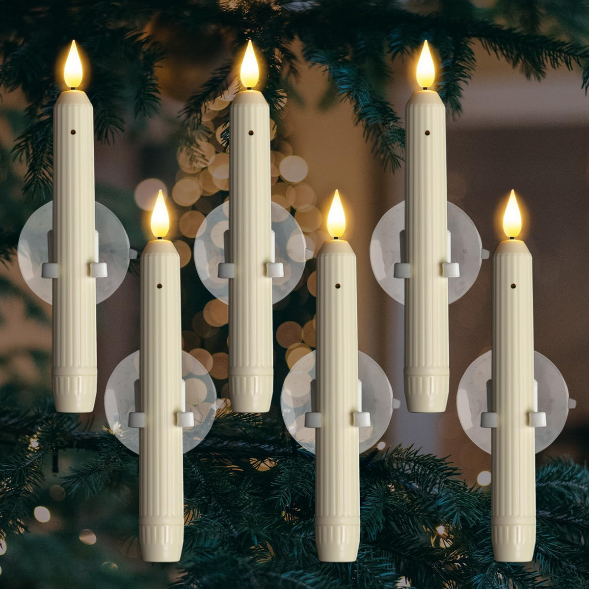 Homemory 6 Pcs Window Candles with Sensor Dusk to Dawn, Ivory Striped Candlesticks with Suction Cups, Roman Column Christmas Window Candle Battery Operated, Flameless Led Taper Candles for Windows