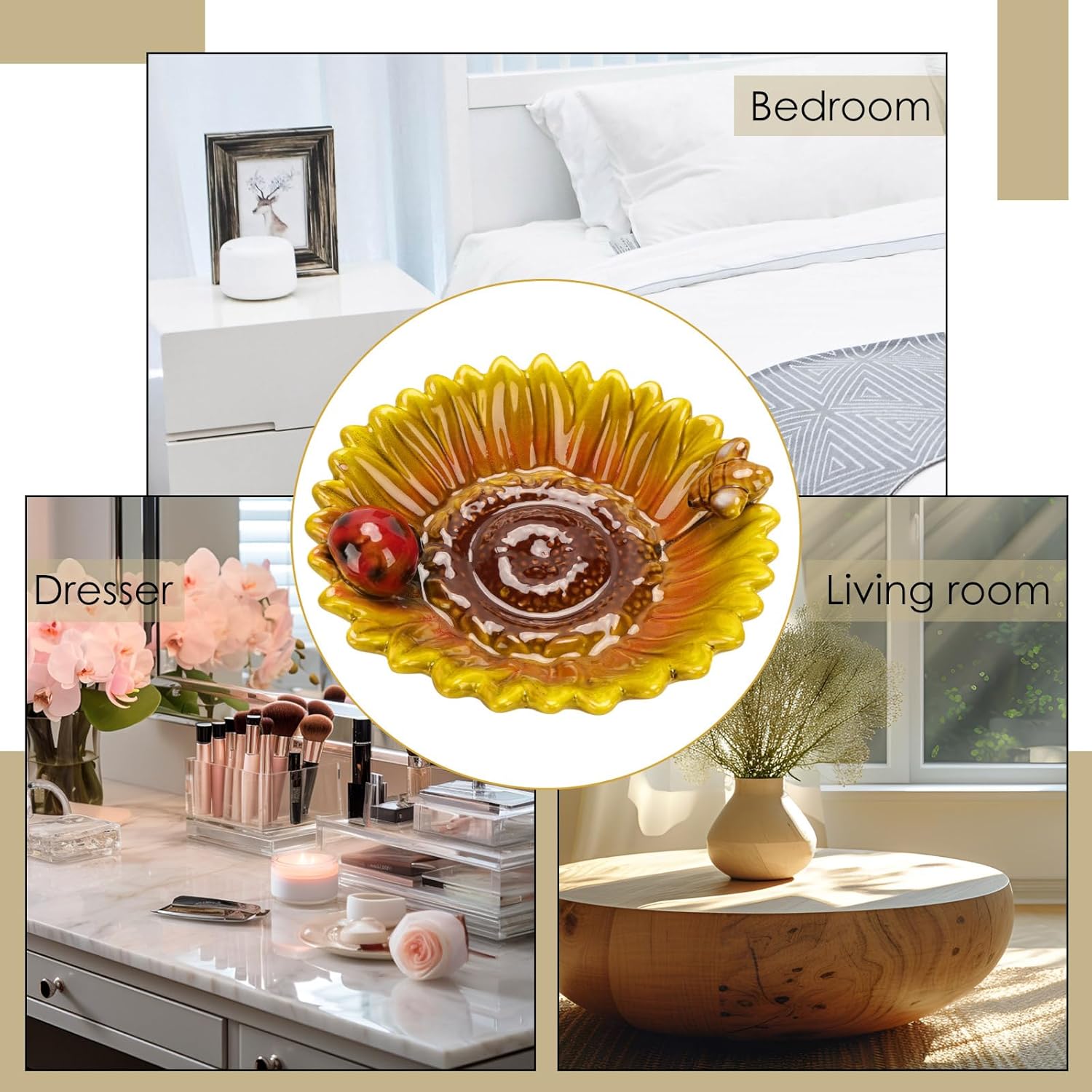 Sunflower Jewelry Dish Trinket Tray Ceramic Key Tray Bowl for Entryway Table