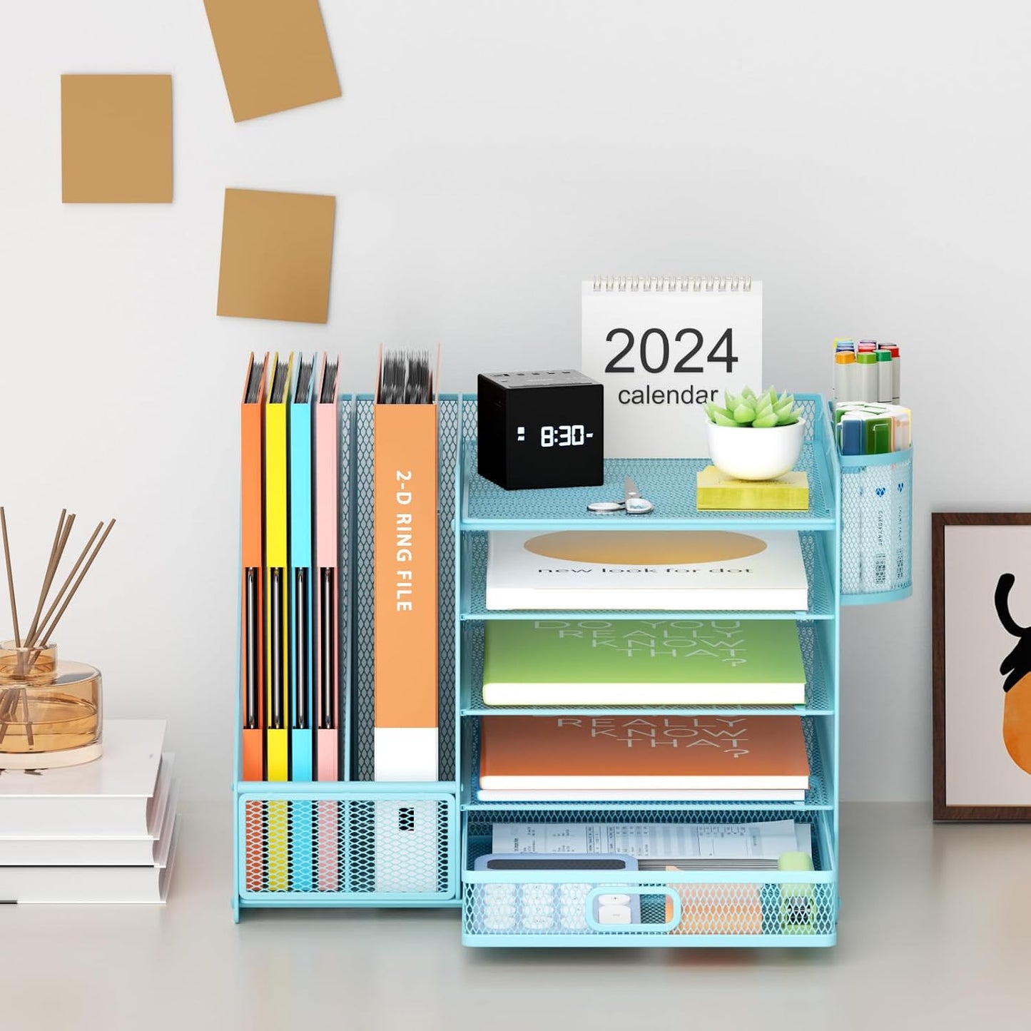 Marbrasse Desk Organizer with File Holder, 5-Tier Paper Letter Tray Organizer with Drawer and 2 Pen Holder, Mesh