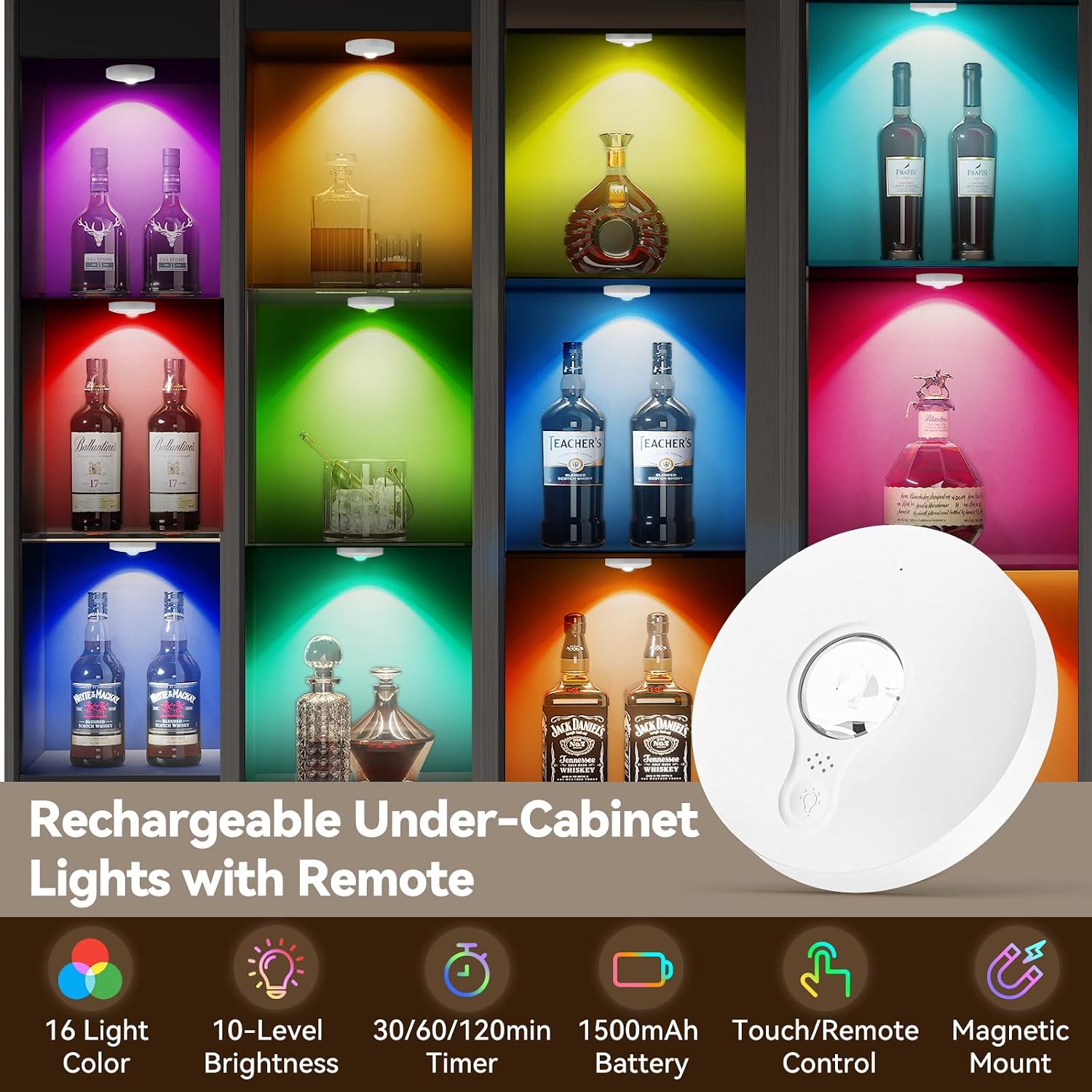 Rechargeable Puck Lights with Remote, 12 Pack Magnetic Under Cabinet Lighting, 1500mAh Battery Operated LED Tap Lights