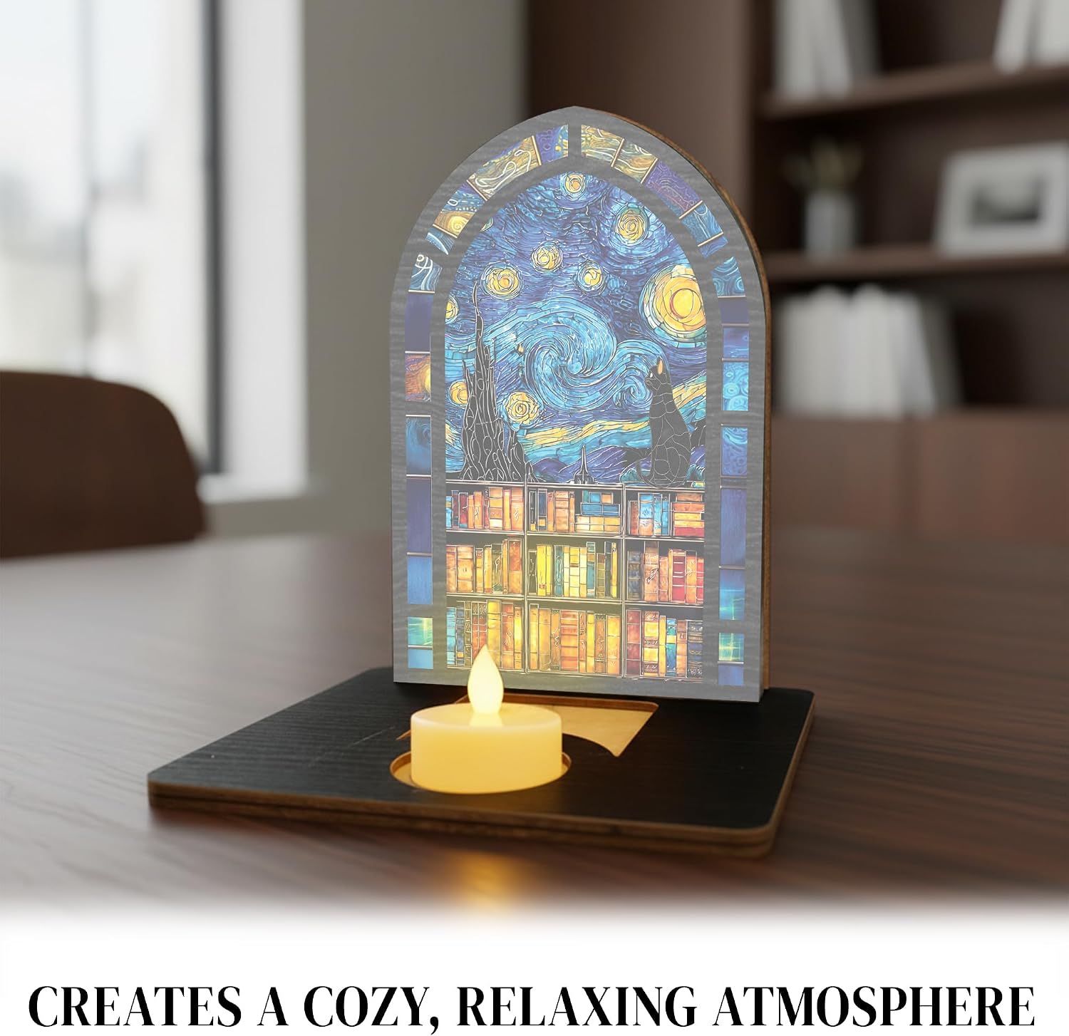 Starry Night Stained Glass Book Nook Candle Holder / Starry Night Cat Suncatcher Candle Holder