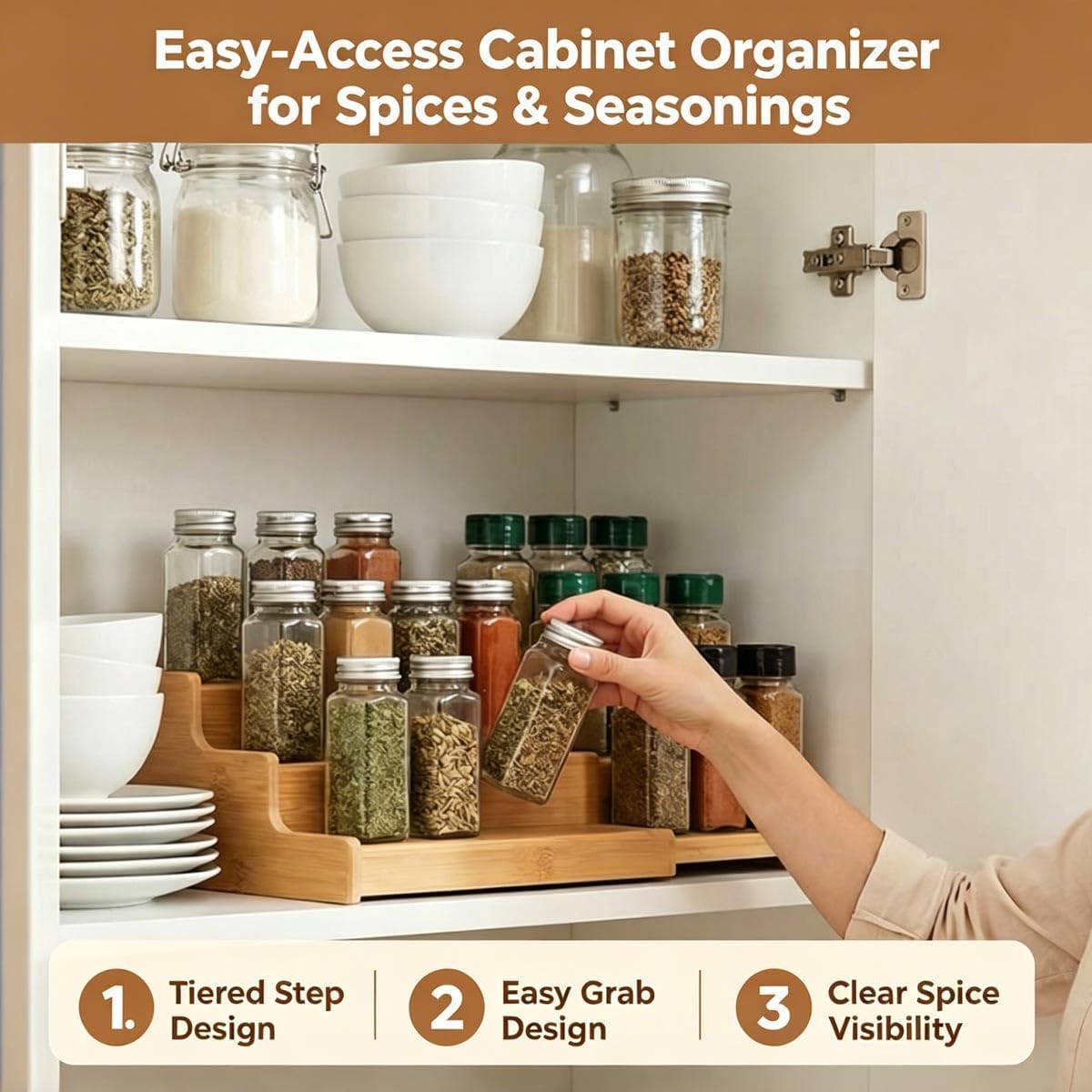 JinDoWin Spice Rack Organizer for Cabinets,Countertop & Pantries,2 Pack | Expandable design, 3-Tier stepped bamboo