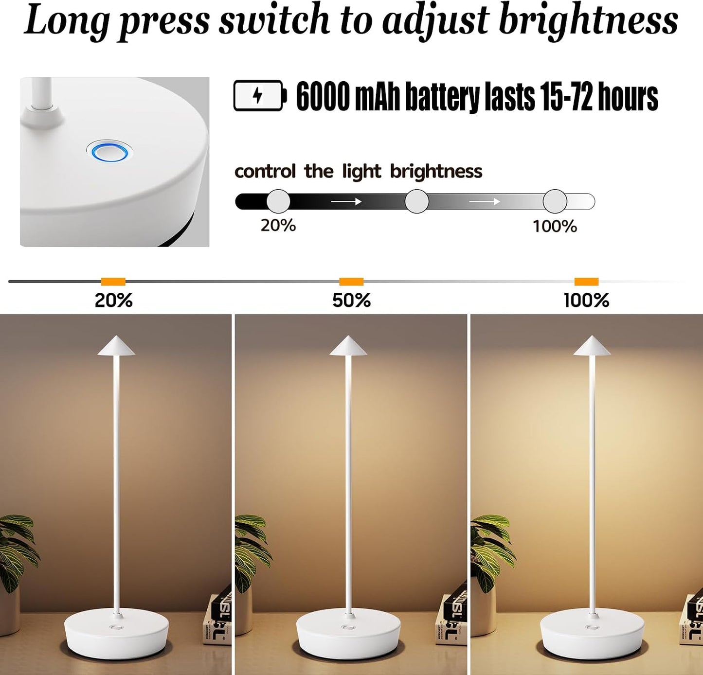 2Pack Rechargeable Cordless Table Lamp, Portable Powered LED Battery 6000mAh Metal USB Desk Lamp, 3 Levels Brightness