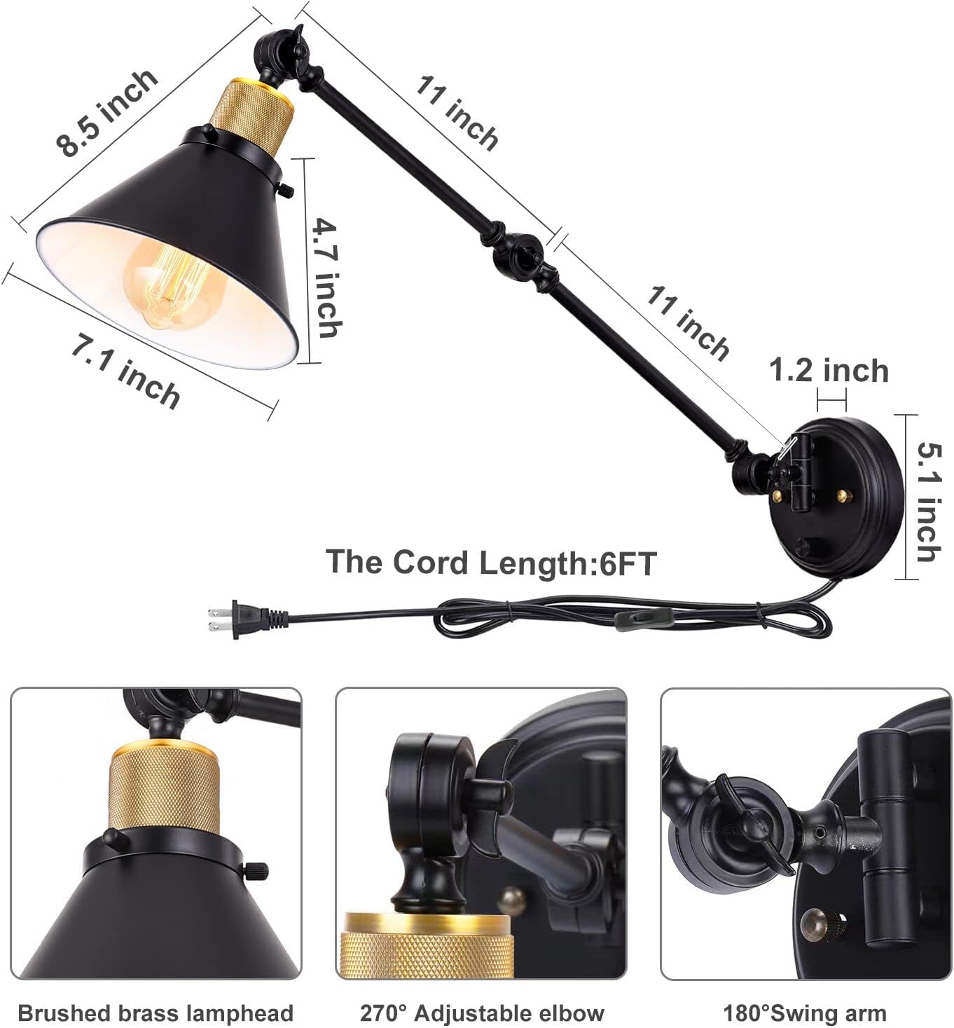 TRLIFE Plug in Wall Sconces, Dimmable Wall Sconce Swing Arm Wall Lights Plug in, Adjustable Wall Mounted Light Wall