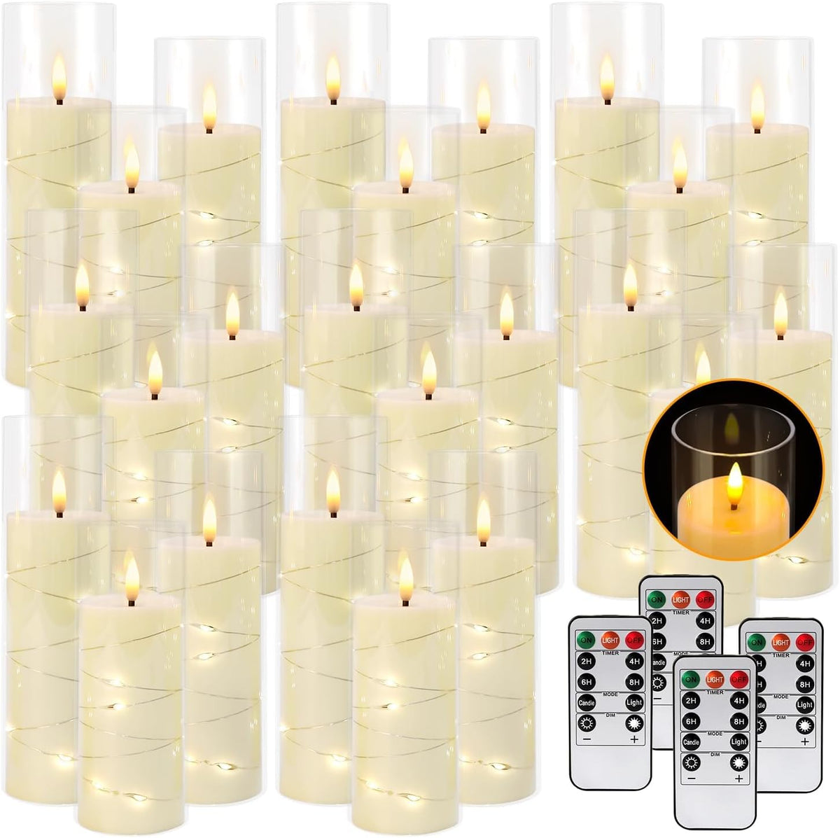 24 Pcs LED Flameless Candles with Remote, 3D Flickering Flame & LED String Lights, Acrylic Clear Cylinder, Timer