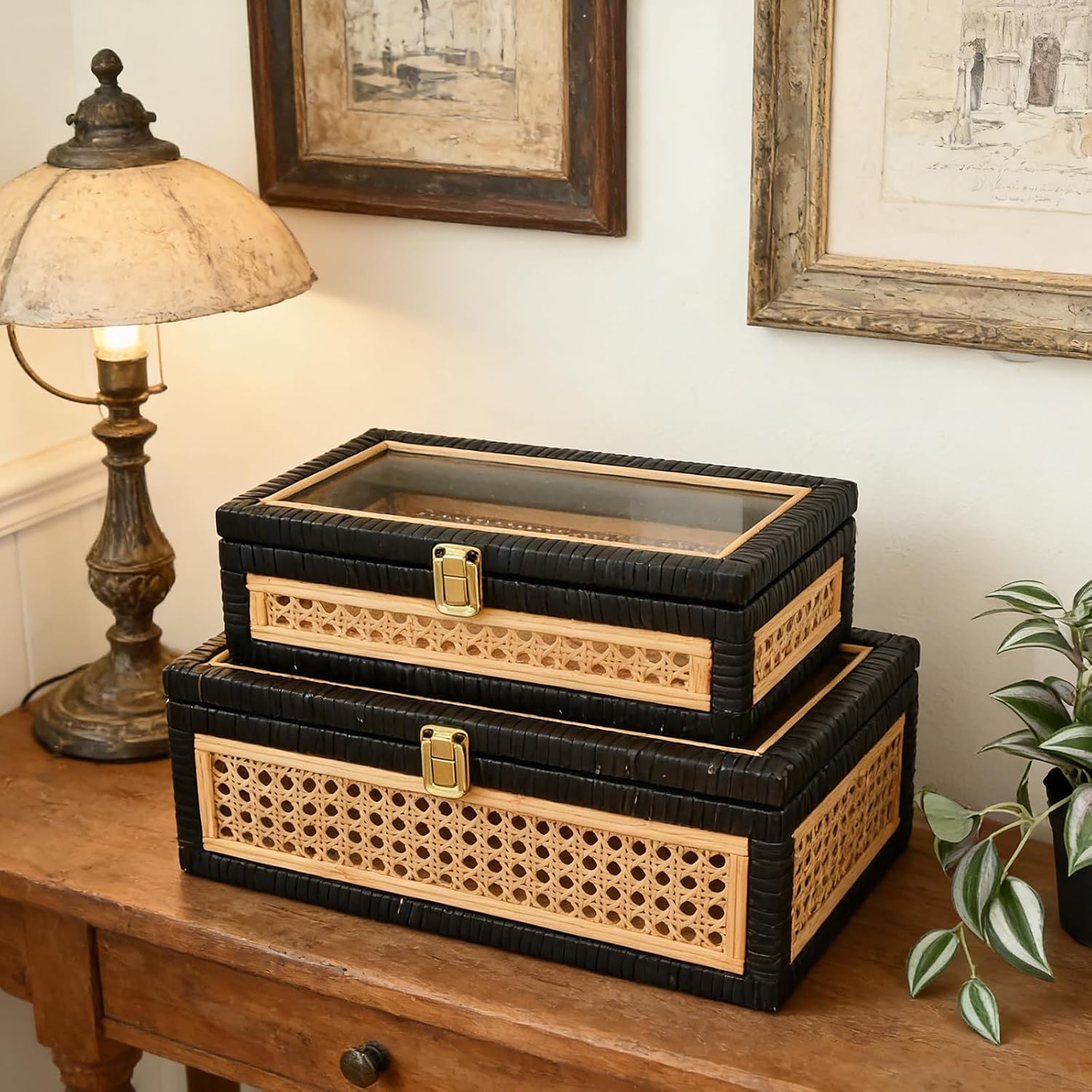 Black Rattan Decorative Storage Boxes / 14.1 x 8.2 x 5.1 / Rattan&black / Set of 2