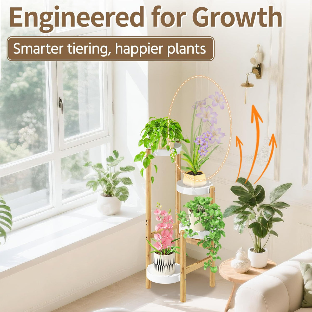 LASZOLA Plant Stand Table Tall for Indoor Corner, 4 Tier Bamboo White | Multiple Level Vertical Planter Rack, Flower