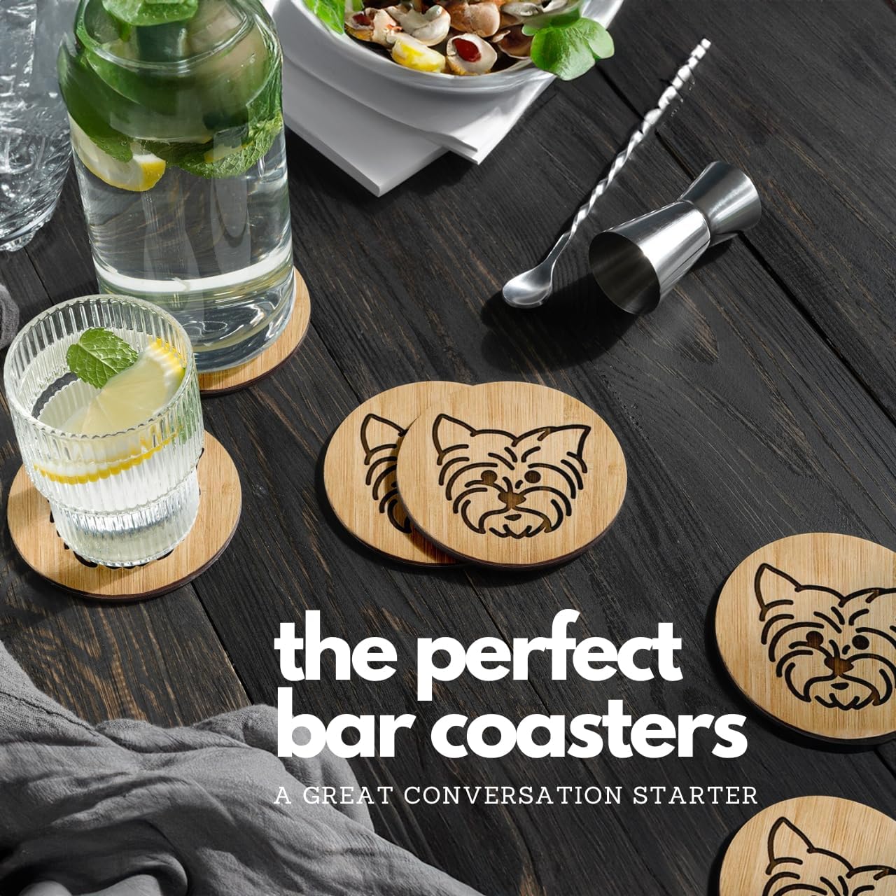 Iron Holder / Bamboo Laser-Engraved Fun Dog Coasters / Yorkie / 3.9 Inch / Set of 6