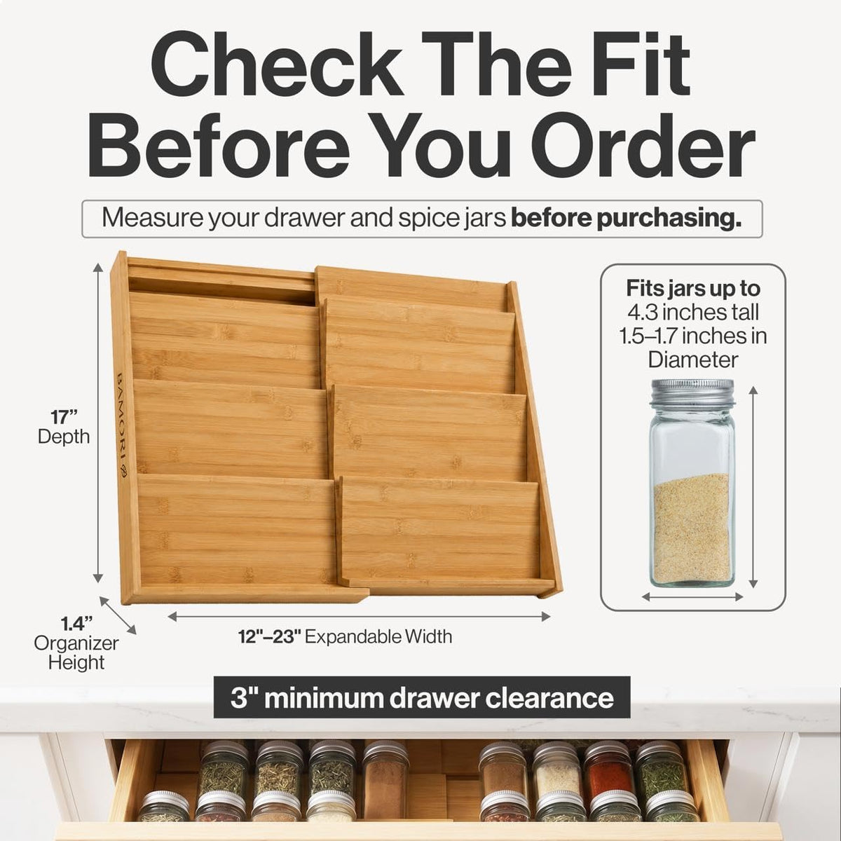 Bamboo Spice Drawer Organizer, Expandable 12 to 23 Inch Insert Holds 48 Jars, 4 Tier Seasoning Rack for Kitchen Drawer