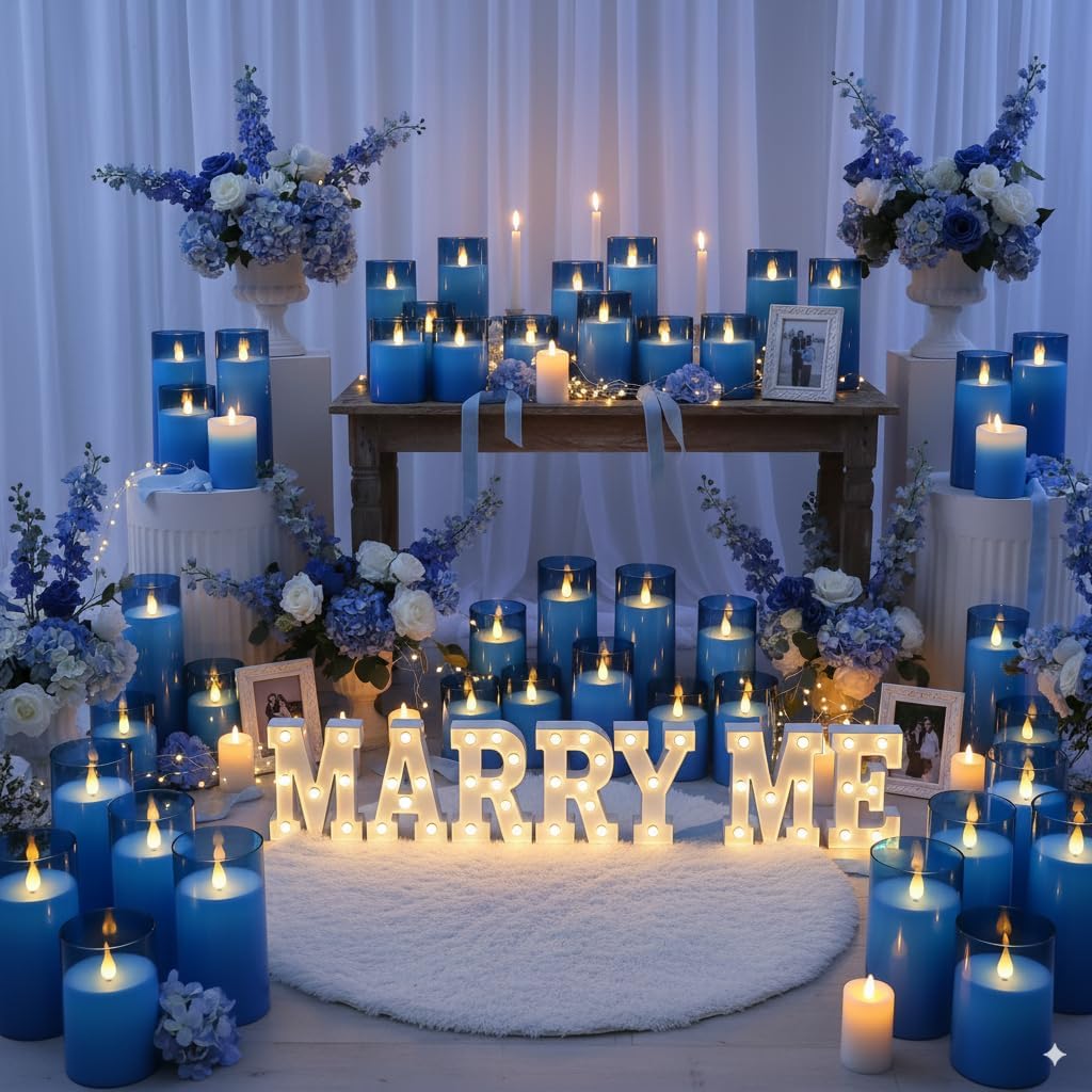 Homemory Blue Flickering Flameless Candles, Battery Operated Acrylic LED Pillar Candles with Remote Control and Timer