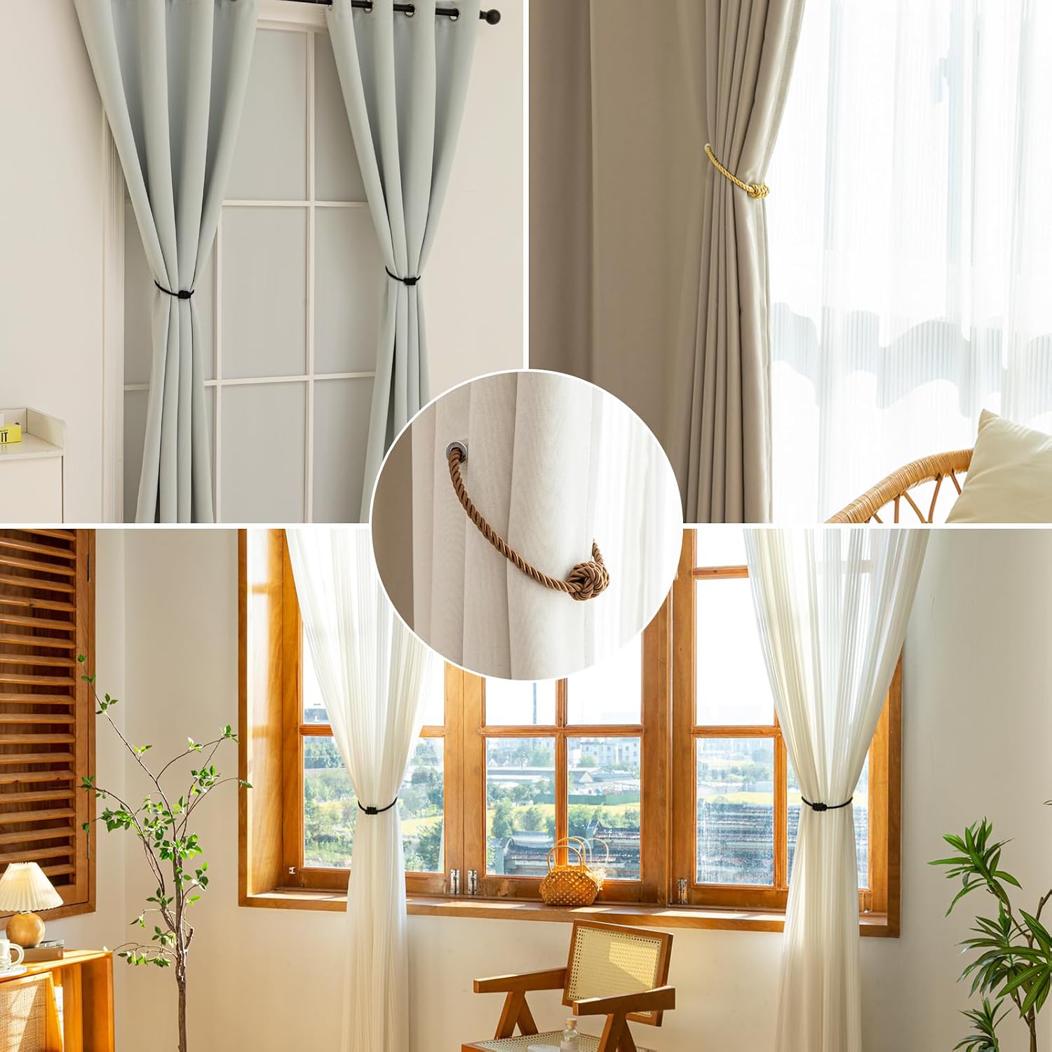 Curtain Tiebacks Magnetic Decorative Rope Tie Backs Holdbacks Contoeey | 8 Pack Khaki Modern Elegant Window Treatment