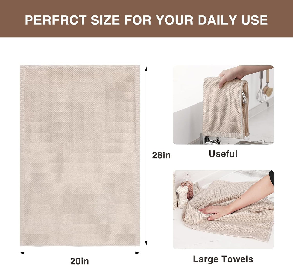 Homaxy 100% Cotton Oversized Waffle Weave Kitchen Towels 8-Pack, Beige | 20 x 28 Inches, Ultra Soft Absorbent Dish