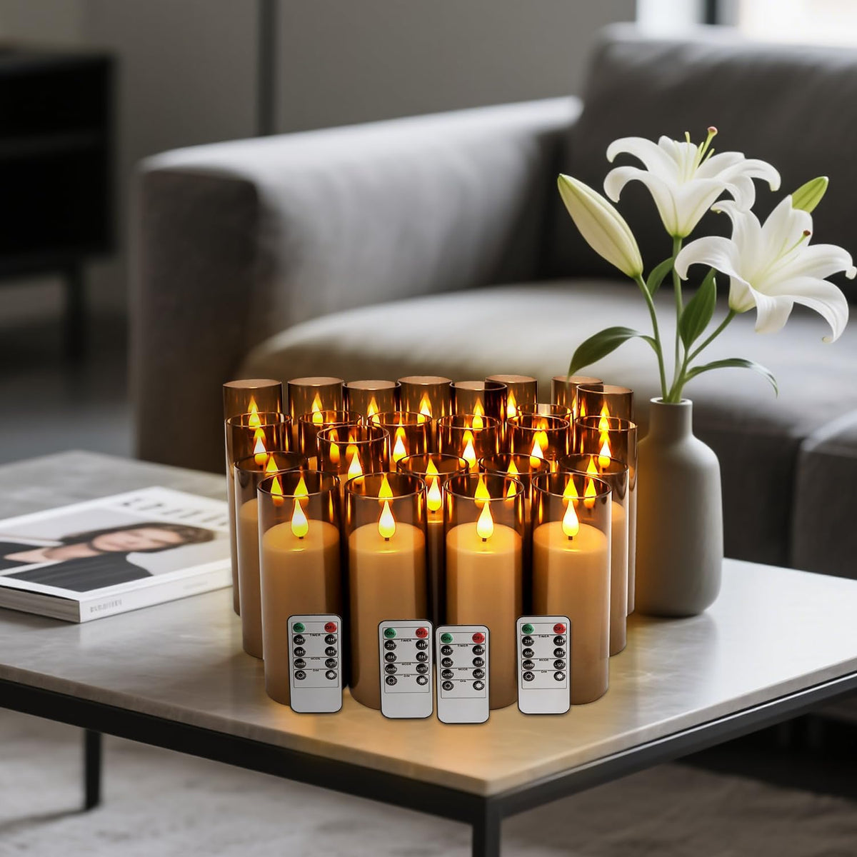 24 Pack LED Gray Flameless Candles with Remote, 3D Flickering Battery Operated Candles in Glass Holders, Safe for