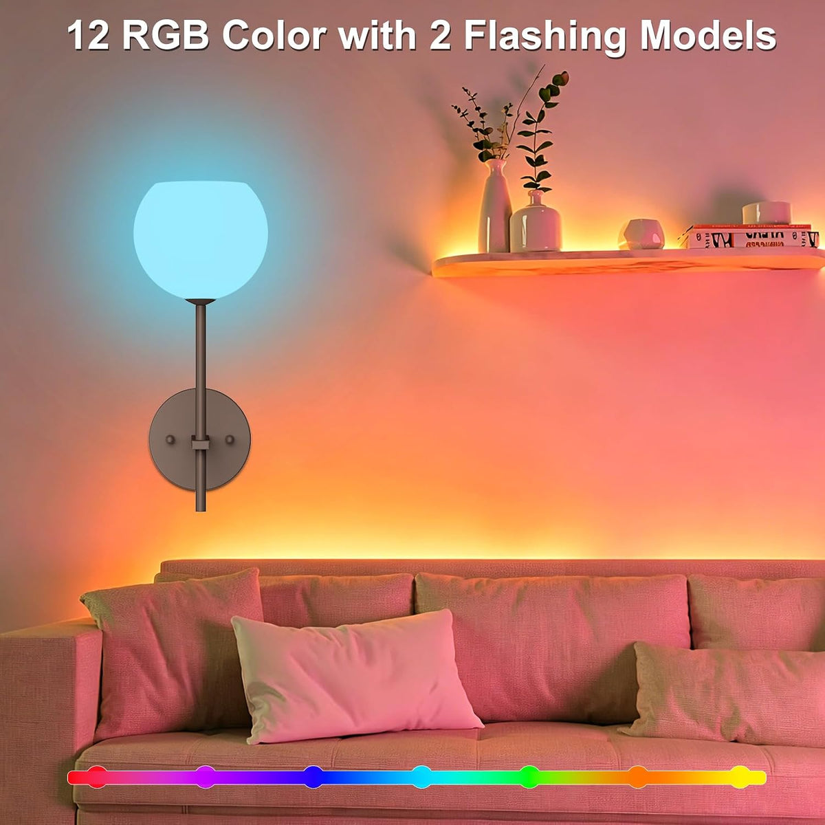 Brown Battery Operated Wall Sconces Set of 2, Rechargeable Wireless Wall Lights with Milky White Frosted Glass, 12 RGB