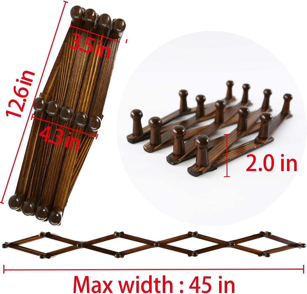 AMAPON Accordion Wall Hanger Expandable Coat Hat Rack 13Peg (Walnut) 2 Pack | Hang Hats Jackets Coffee Mug Purses