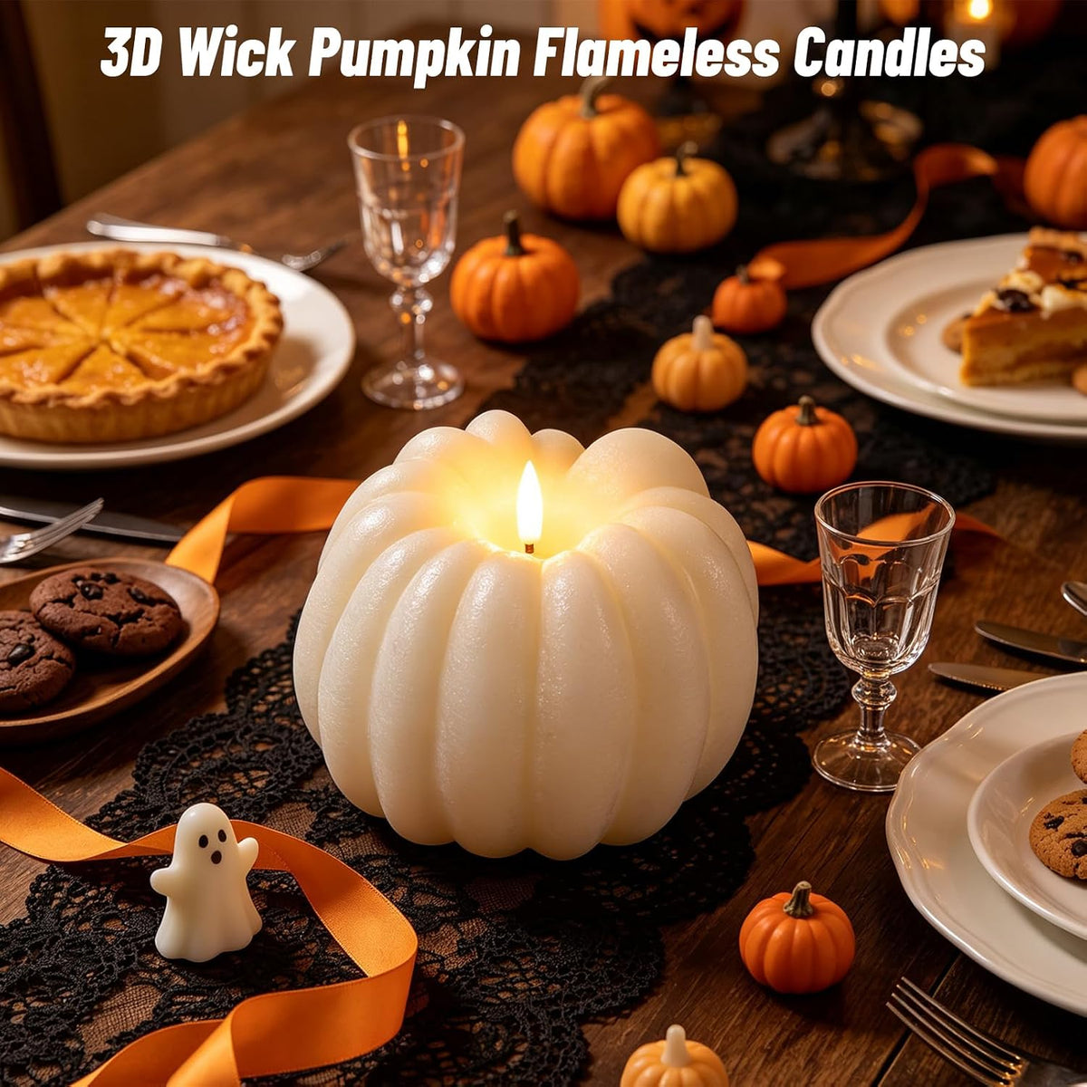 Wondise Fall Decorations Real Wax Pumpkin Candles with Remote Timer | White Battery Operated LED Candles Fall Decor for