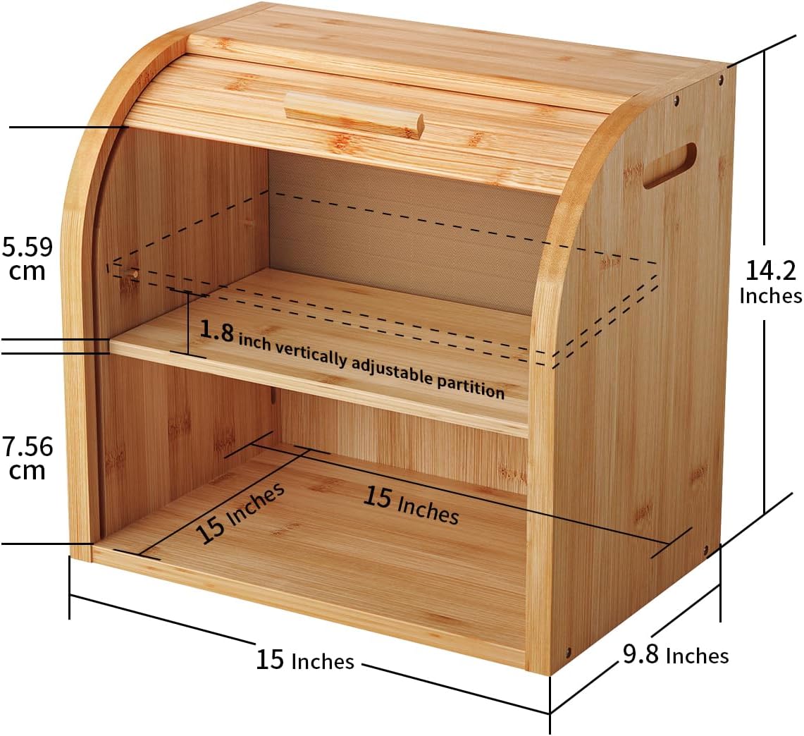 G.a HOMEFAVOR Bread Box, 2 Layer Bamboo Bread Boxes for Kitchen Food Storage, Large Capacity Bread Keeper Roll Top with
