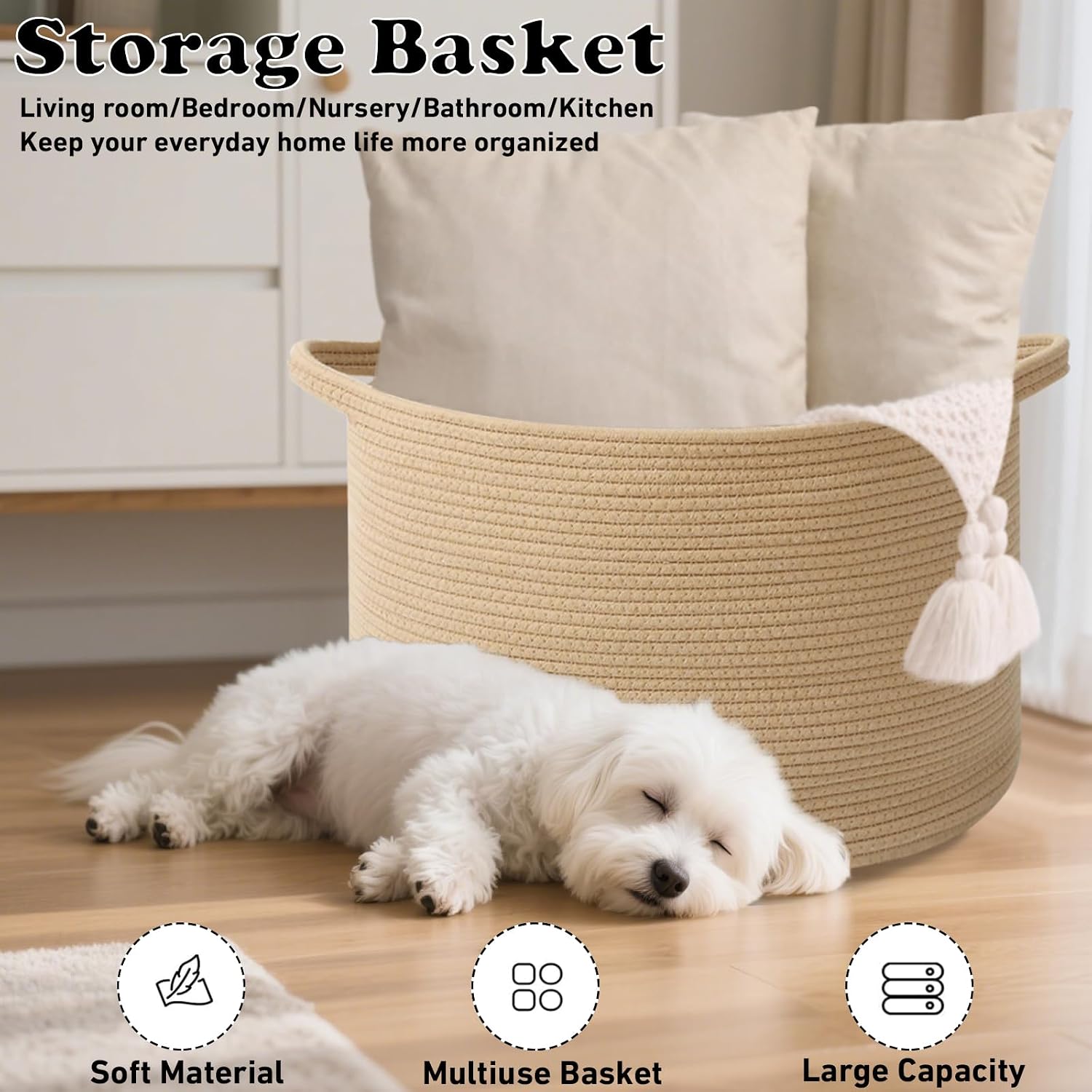 Woven Rope Laundry Basket Hamper / Camel / 19.7"L x 19.7"W x 13"H