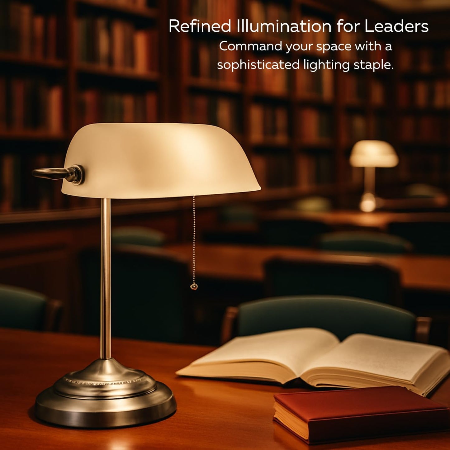LIGHTACCENTS Bankers Desk Lamp with White Glass Shade, Nickel Finish - Traditional Desk Light for Home Office, Reading