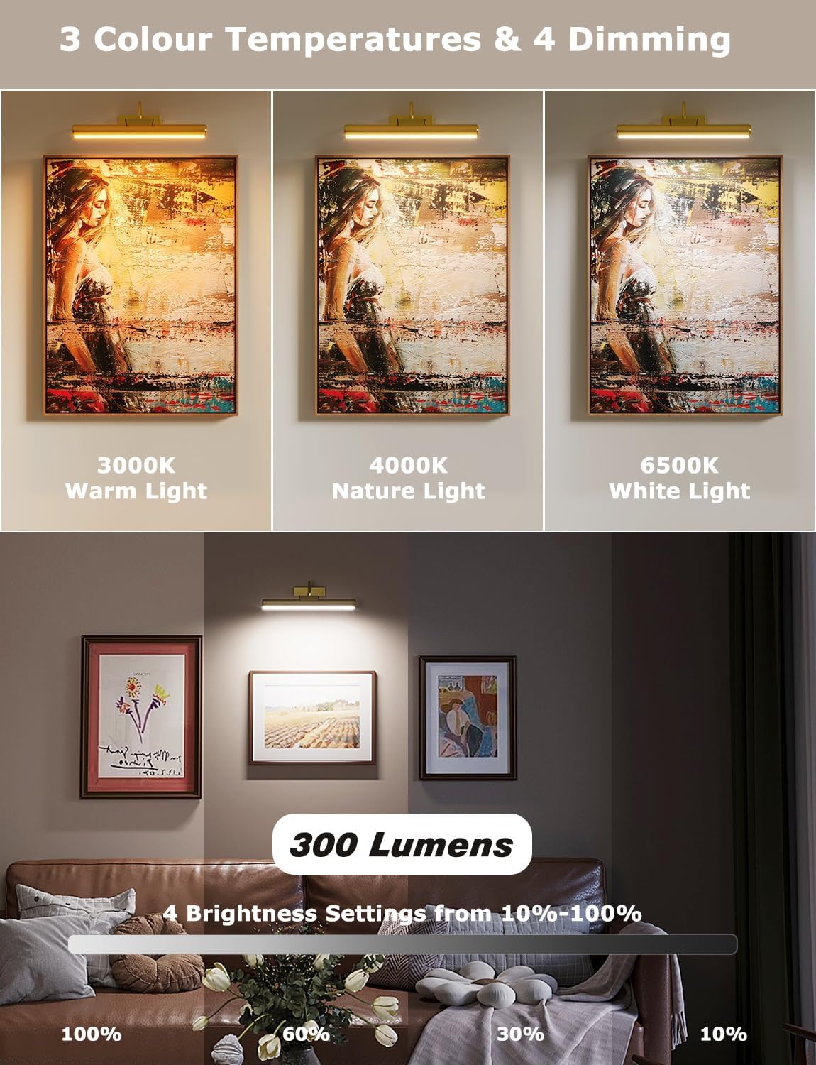 13" Wireless Picture Lights for Wall, Rechargeable Art Light, 2Pack Gold | Aluminum Photo Frame Light, Remote & Touch