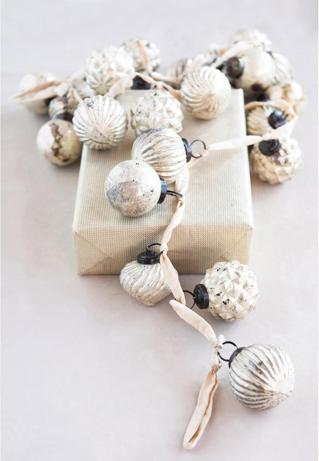 Creative Co-Op Embossed Mercury Glass Ball Ornament Garland, Distressed Matte Cream