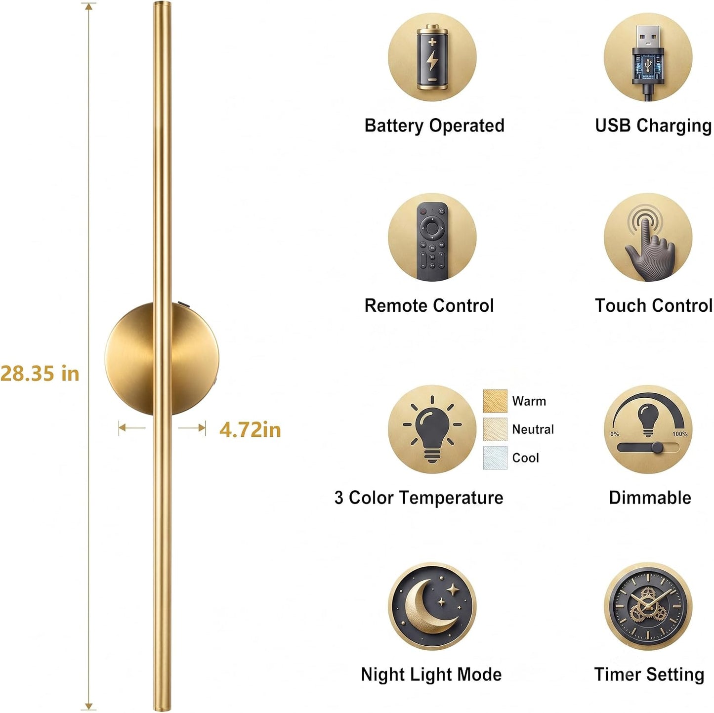 Rechargeable Wall Sconce Set of Two, Modern Wireless Brass Wall Light Sconce with Remote, 28.35Inch Dimmable Indoor