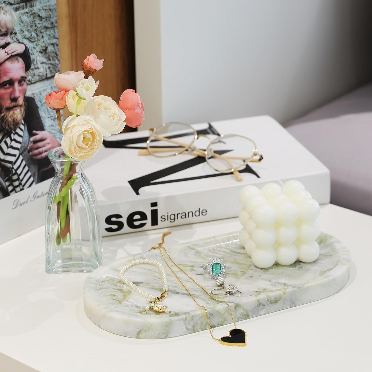 Marble Vanity Tray / Bianco Palomino Green / 10 x 5 x 0.7