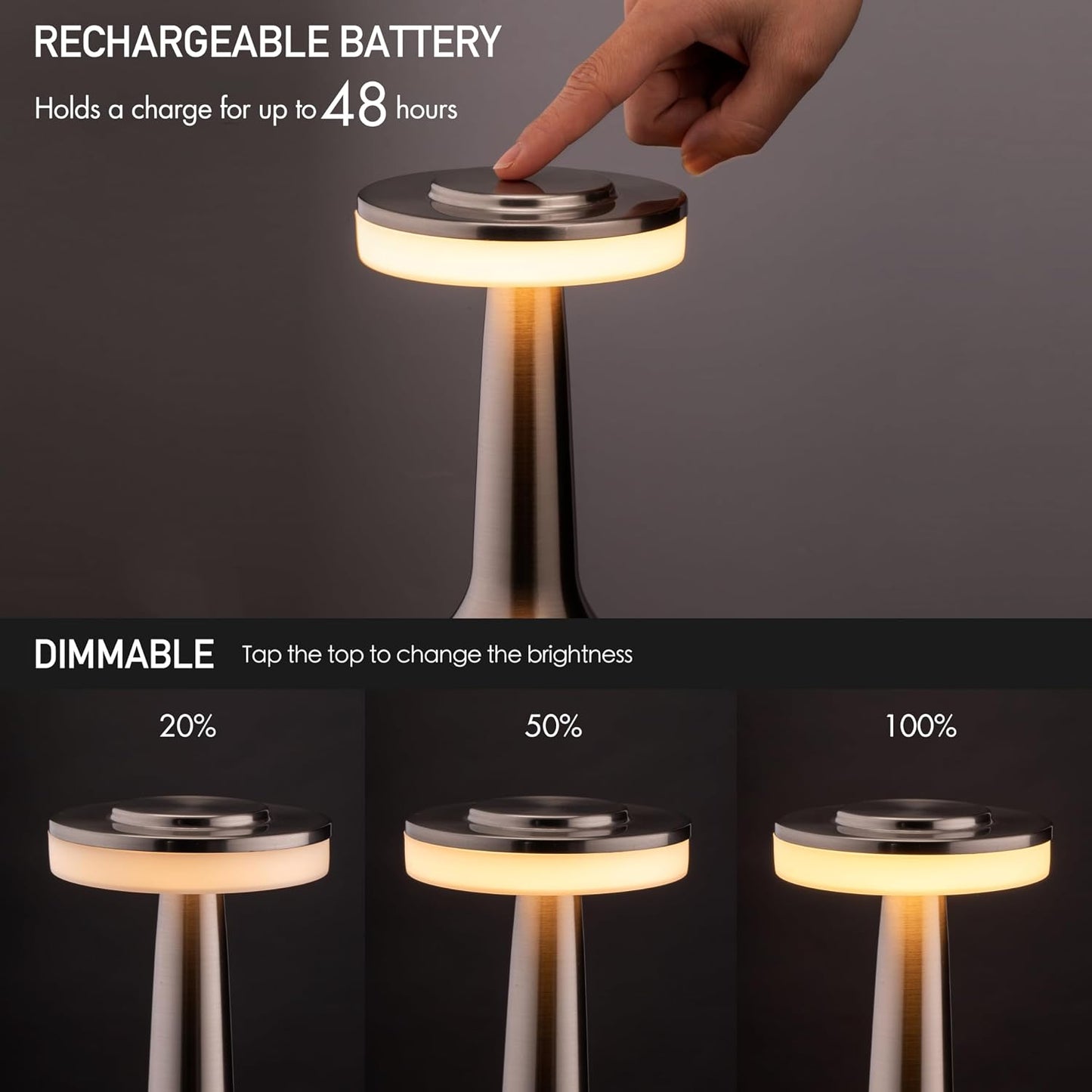 O’Bright Portable LED Table Lamp with Touch Sensor, 3-Levels Brightness, Rechargeable Battery Up to 48 Hours Usage
