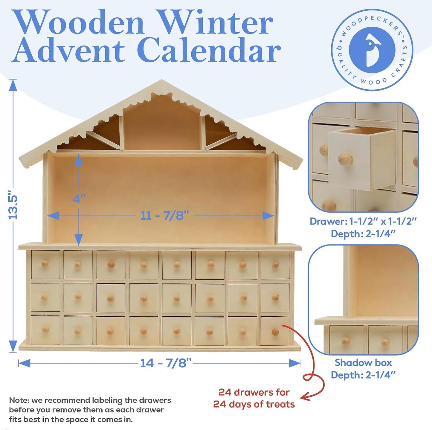 Woodpeckers Wooden Winter Advent Calendar 13-1/2 x 14-7/8 Inch, Pack of 1 Craft Christmas Advent Calendar with 24 Empty