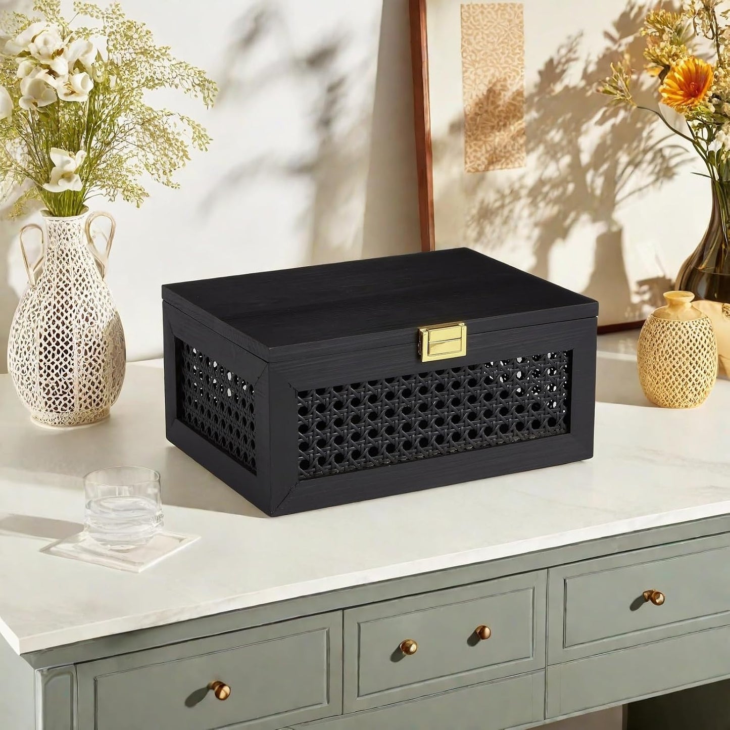 Decorative Rattan Storage Boxes Solid Wood Woven Baskets Bins / Black