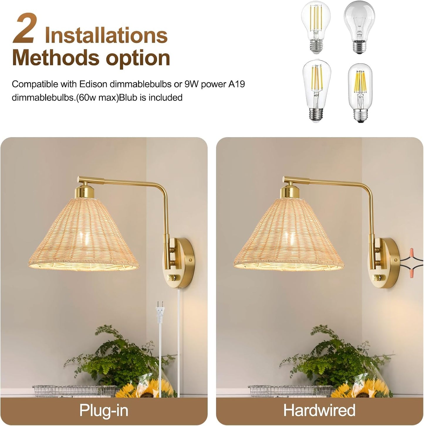 Plug in Wall Sconces Set of 2, Rattan Wall Lamps with Cord and Dimmer Switch, Gold Swing Arm Wall Mounted Bedside Lamps