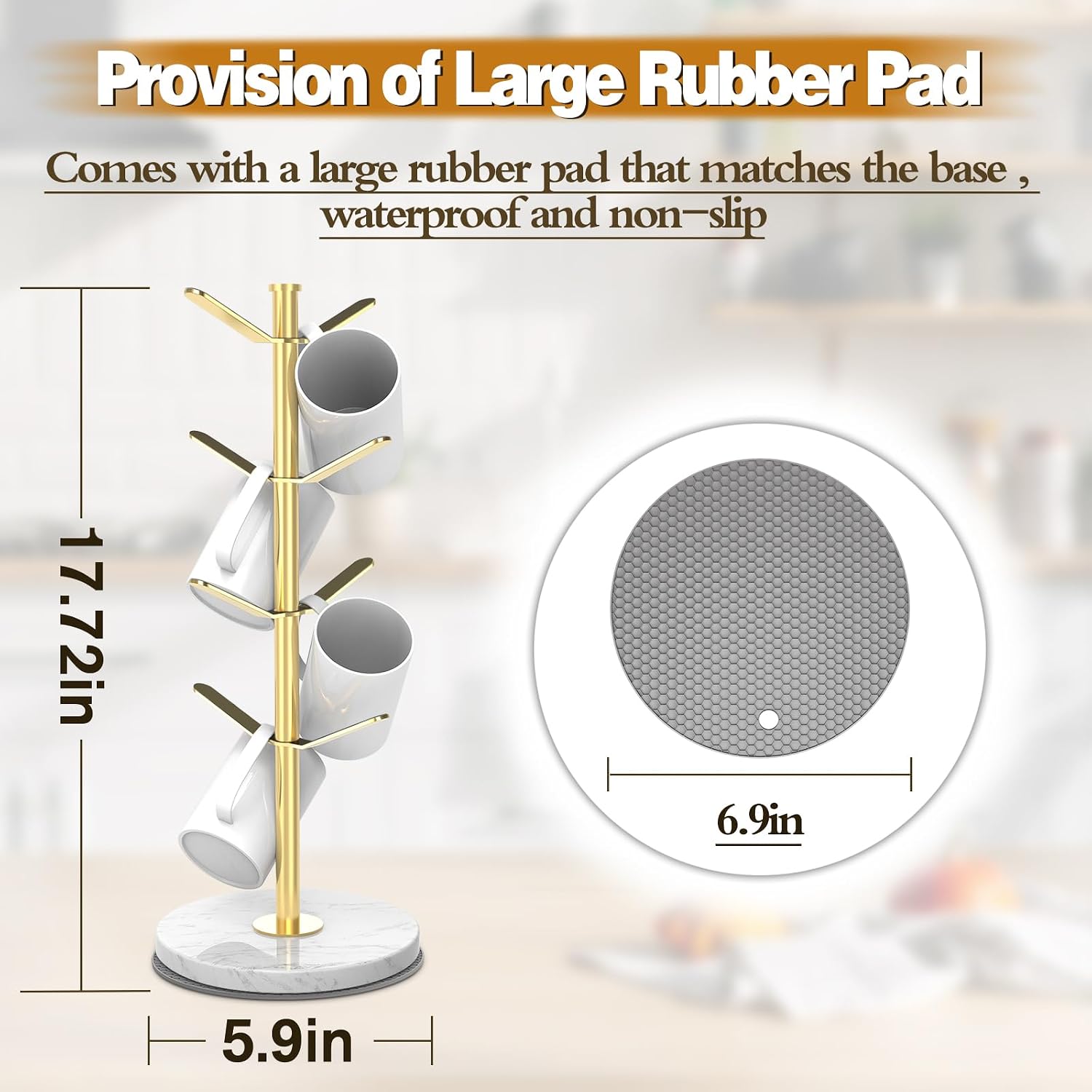 Gold Marble Mug Holder Tree with 2–8 Adjustable Hooks | Detachable Stainless Steel Coffee Cup Stand with Modular Height
