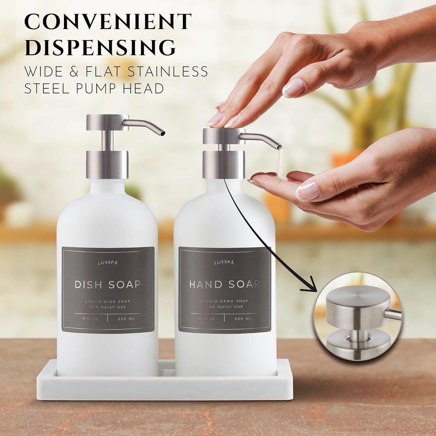 Glass Soap Dispenser Set of 2 (White) with Silicone Tray | Hand and Dish Soap Dispenser for Kitchen and Bathroom | 16.8