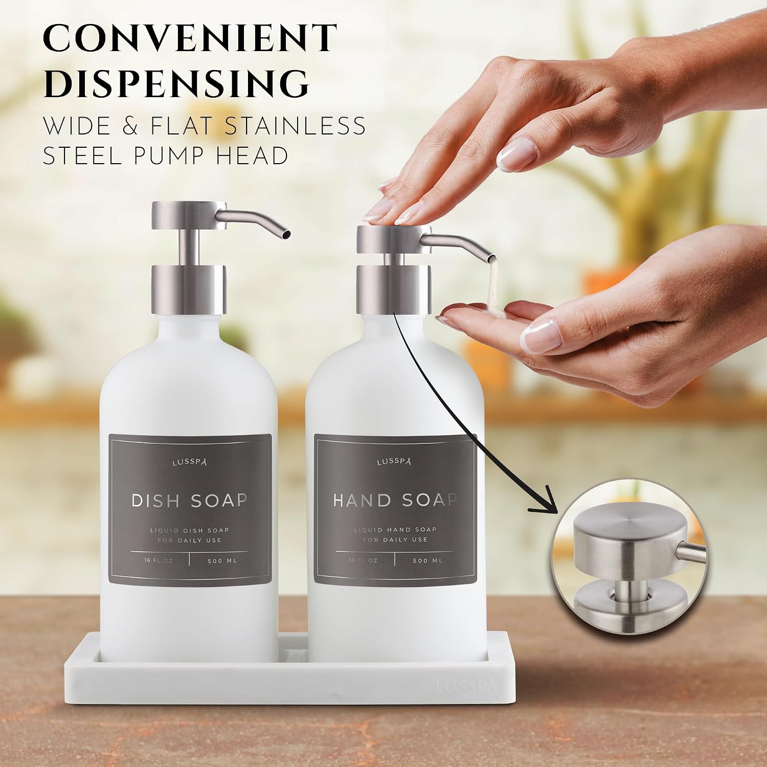 Glass Soap Dispenser Set of 2 (White) with Silicone Tray | Hand and Dish Soap Dispenser for Kitchen and Bathroom | 16.8