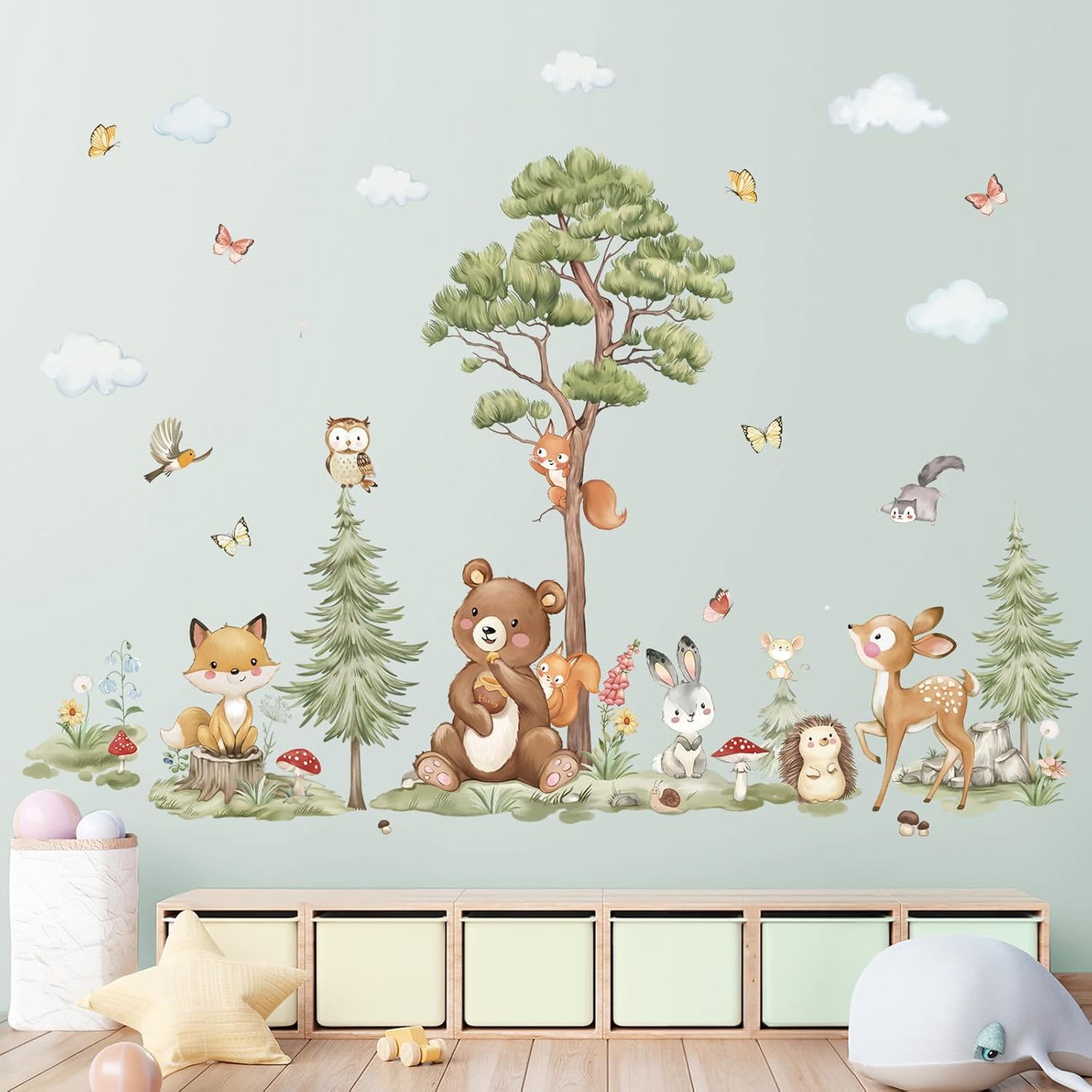 Woodland Animals Wall Stickers Large Pine Tree Forest Bear Deer Fox Peel and Stick Wall Art Decals