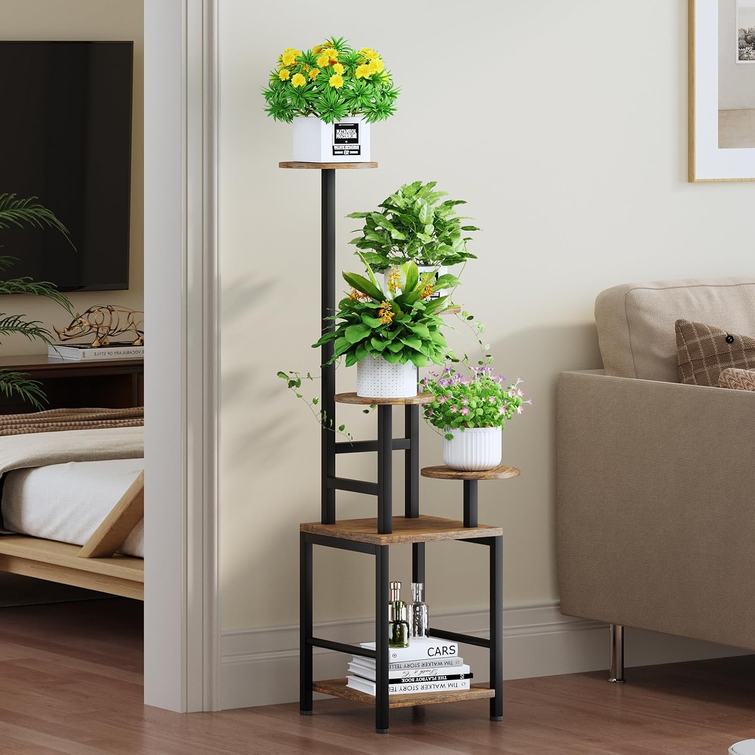 Round Plant Stand Indoor with Grow Light, 5-Tiered Tall Plant Stand Indoor, Metal Plant Shelf with Adjustable Light