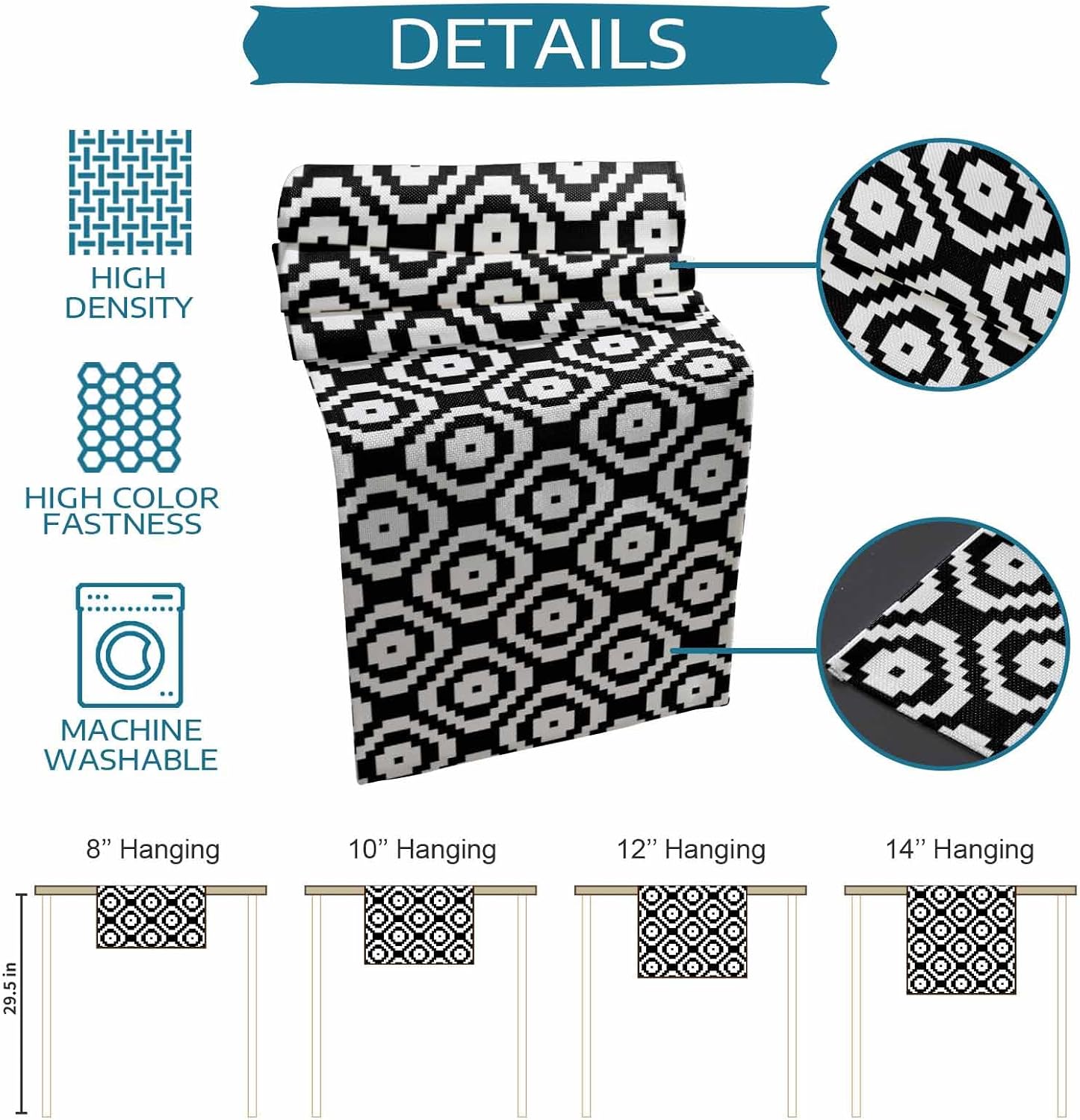 Black White Geometric Table Runner with Placemats Set of 6, Cotton Linen Kitchen Dining Mats Long Table Cover 16"x72"